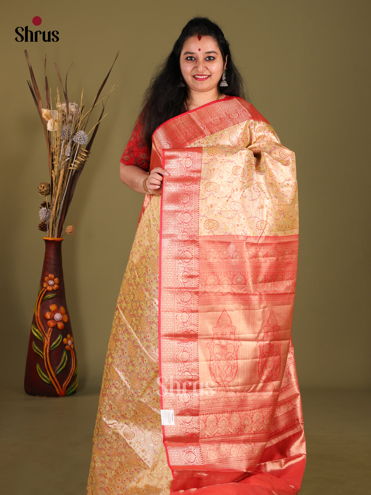 pastel Green & Red - Kanchipuram-halfpure Saree - Shop on Shrus.com