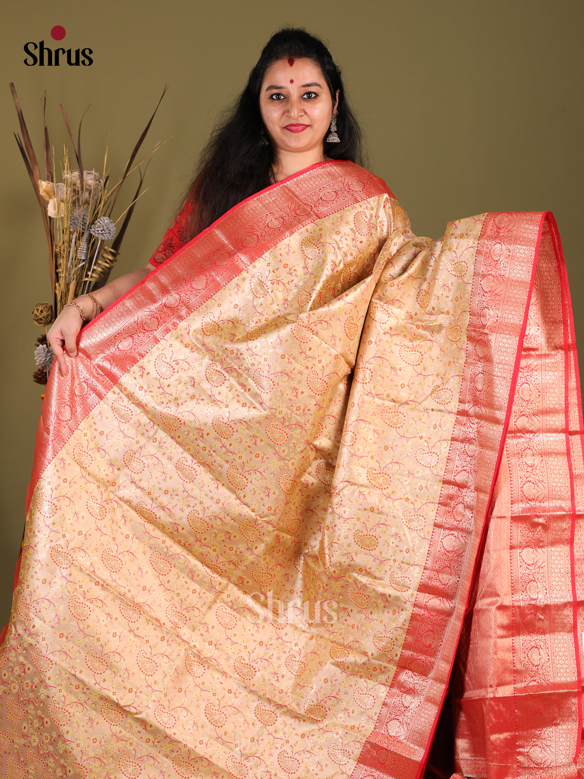 pastel Green & Red - Kanchipuram-halfpure Saree - Shop on Shrus.com