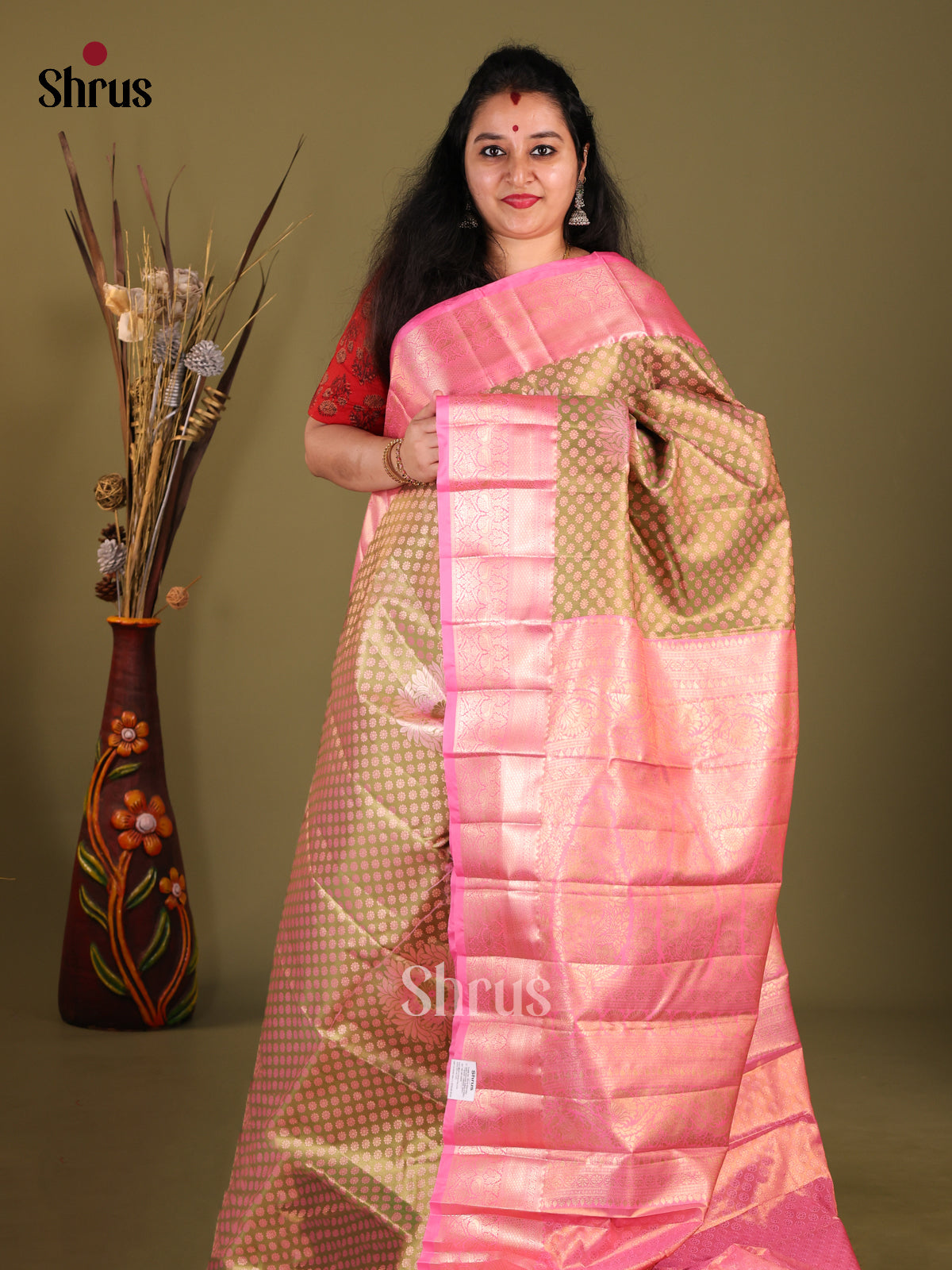 Green & Pink - Kanchipuram-halfpure Saree - Shop on Shrus.com