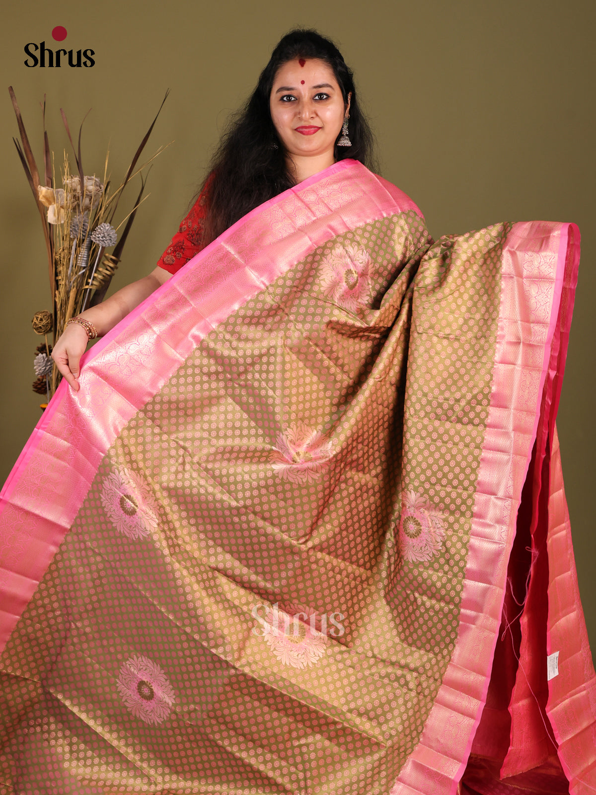 Green & Pink - Kanchipuram-halfpure Saree - Shop on Shrus.com