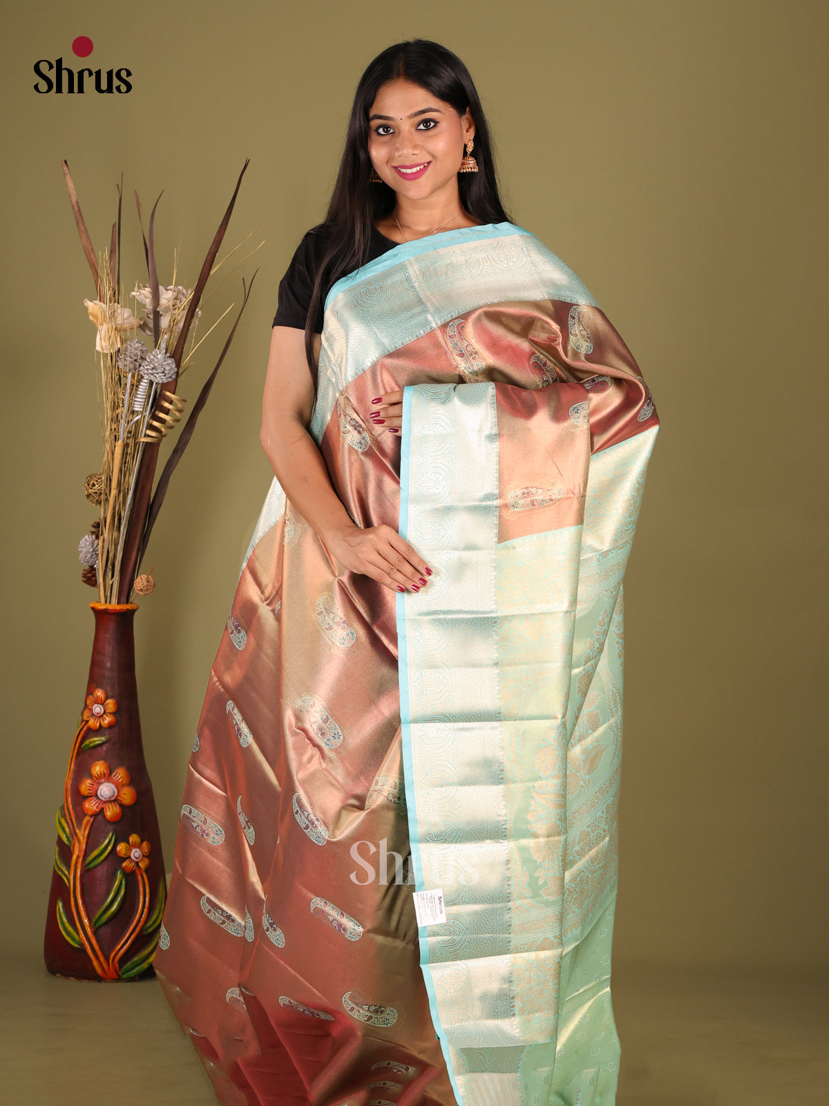 Brown & Blue - Kanchipuram-halfpure Saree