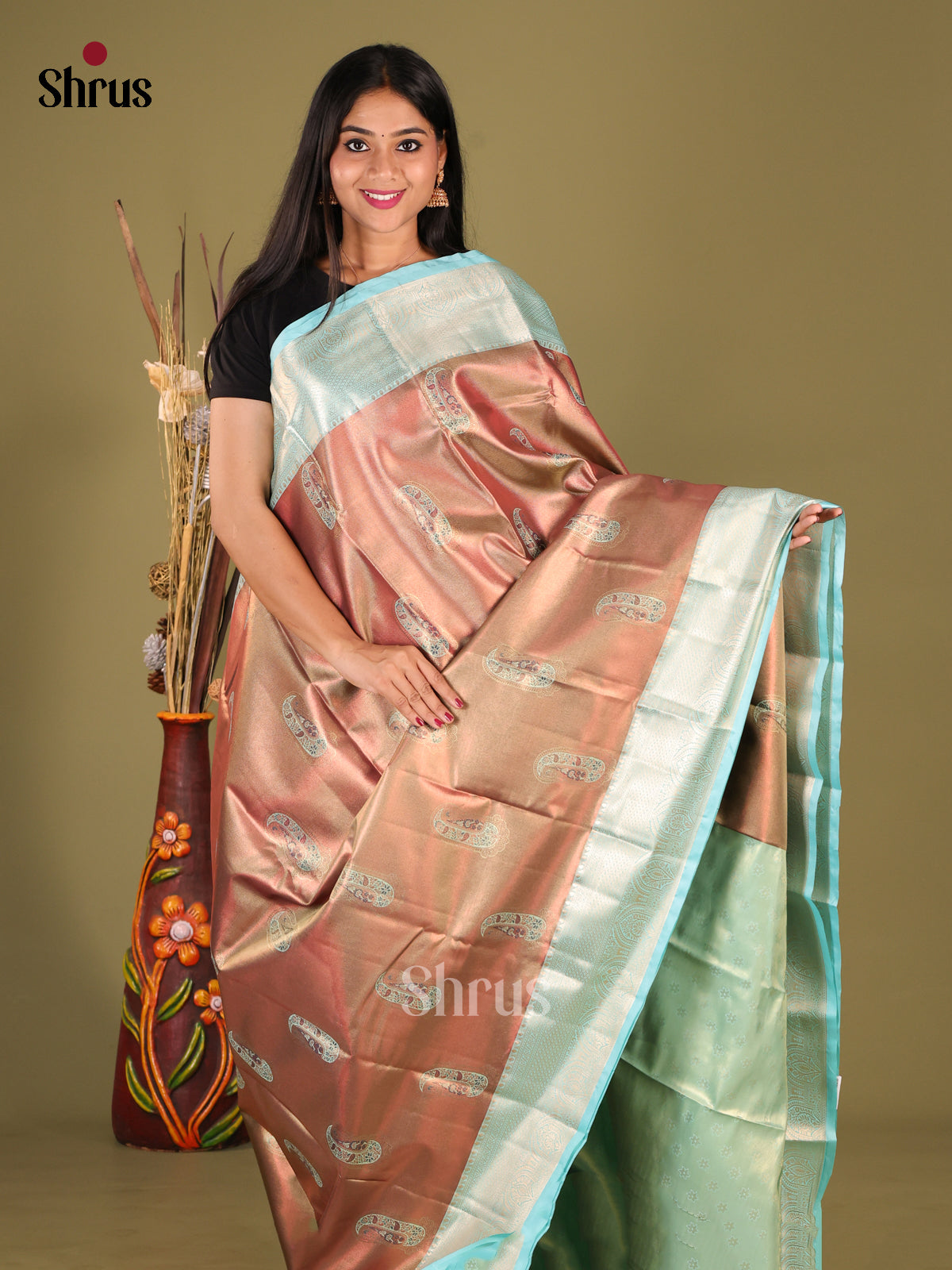 Brown & Blue - Kanchipuram-halfpure Saree