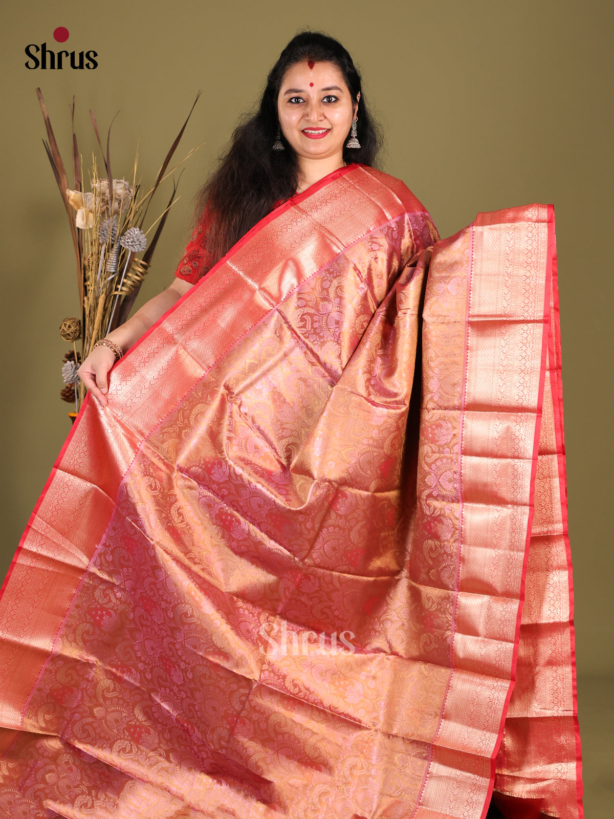 Pink & Red - Kanchipuram-halfpure Saree - Shop on Shrus.com
