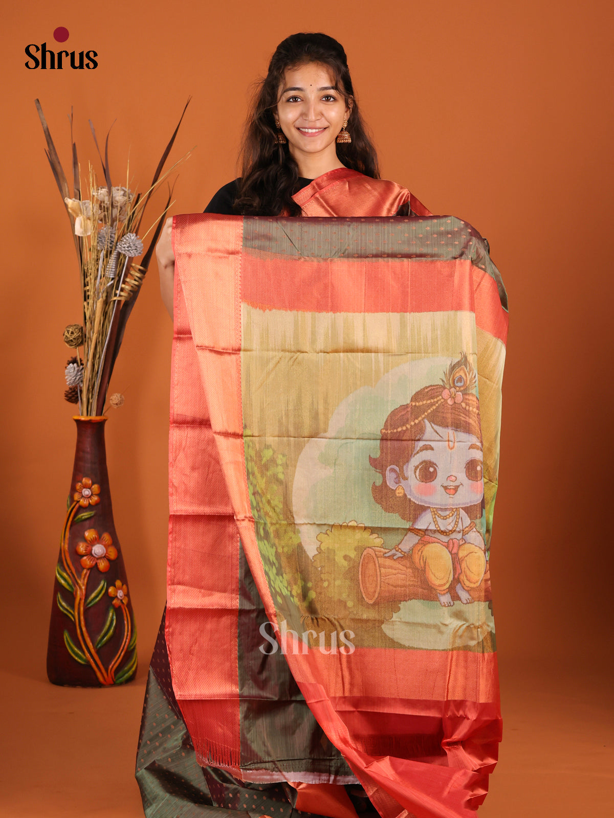Green & Orange - Kanchipuram-halfpure Saree - Shop on Shrus.com