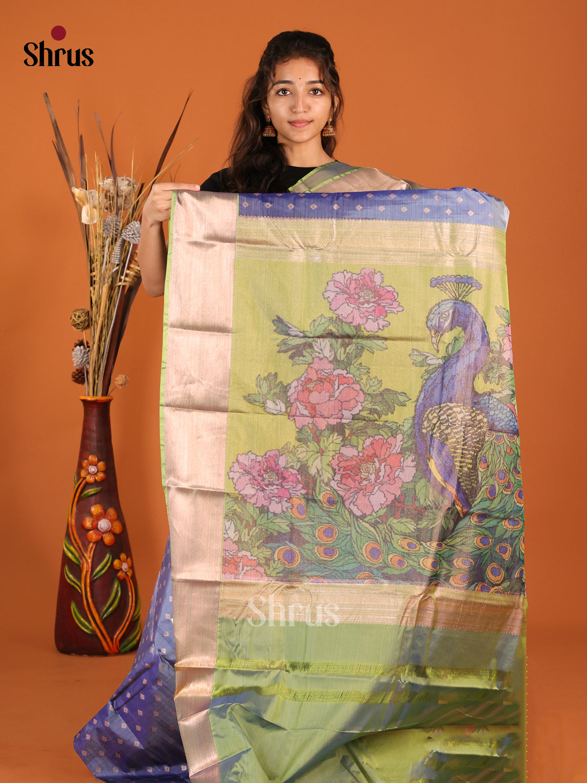 Blue & Green- Kanchipuram-halfpure Saree