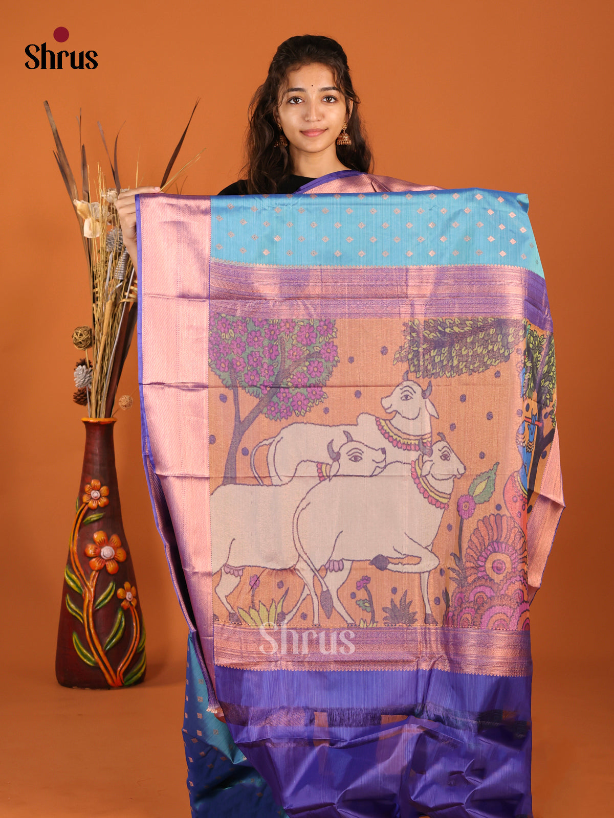 Teal & Blue - Kanchipuram-halfpure Saree - Shop on Shrus.com