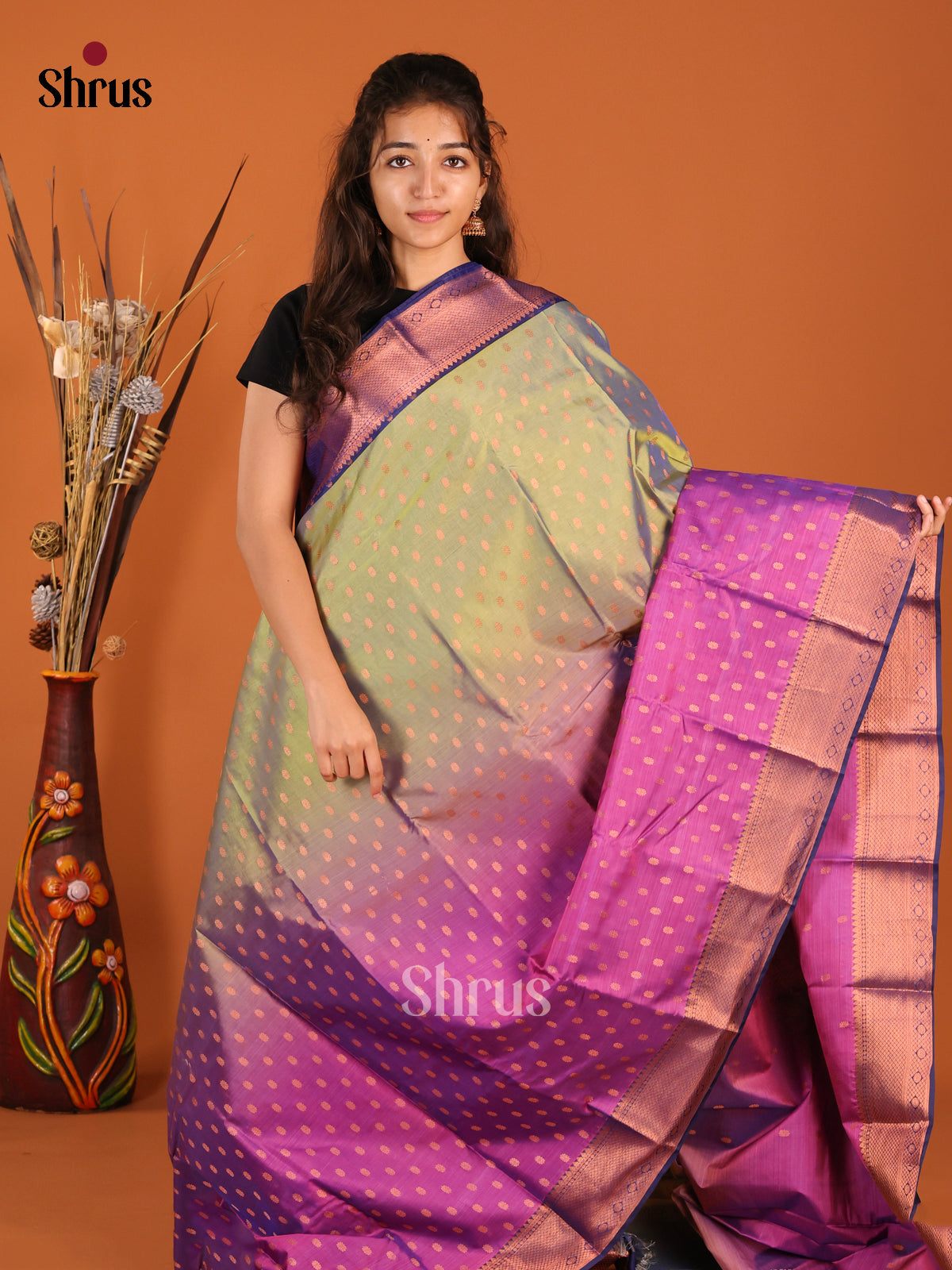 Purple & Blue- Kanchipuram-halfpure Saree - Shop on Shrus.com