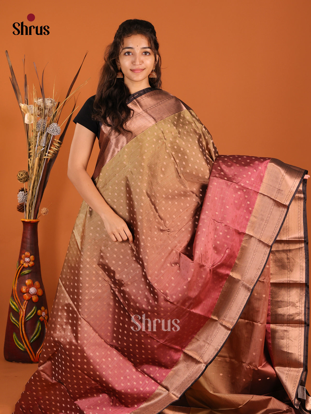 Brown & Black - Kanchipuram-halfpure Saree