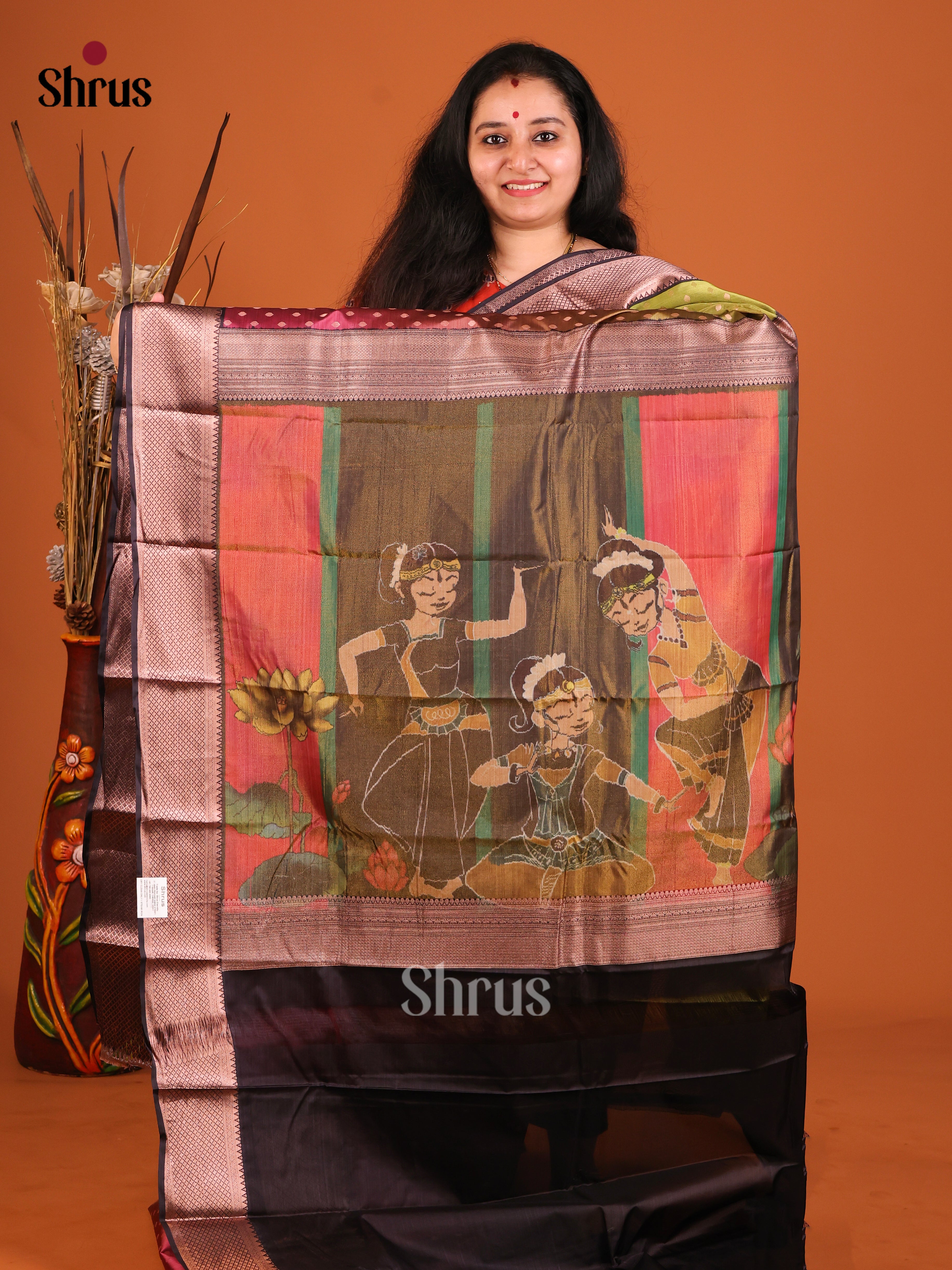 green Brown dancing Kanchipuram-halfpure Saree