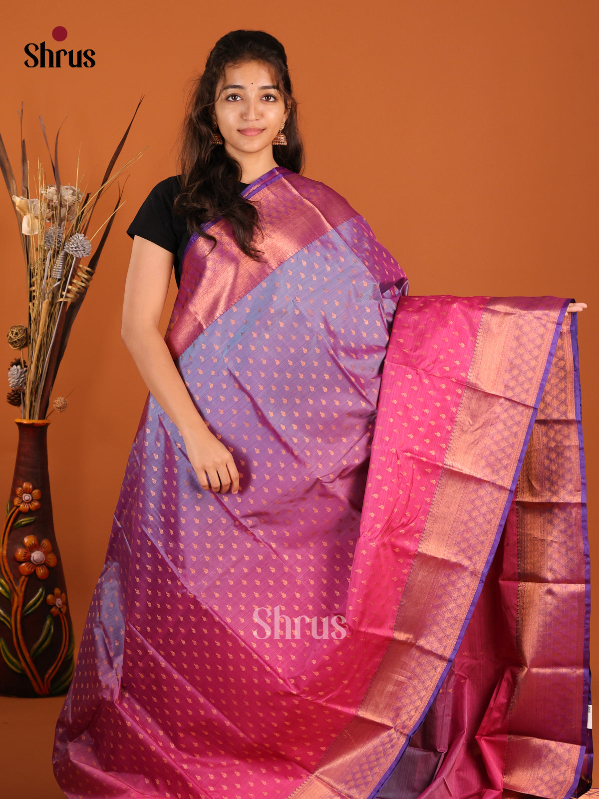 Pink & Purple - Kanchipuram-halfpure Saree - Shop on Shrus.com
