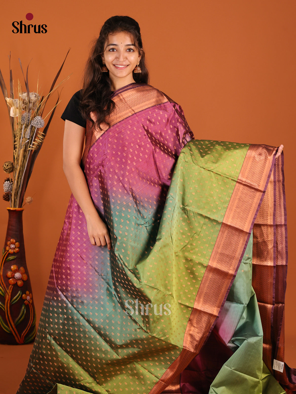 Purple & Green - Kanchipuram-halfpure Saree - Shop on Shrus.com