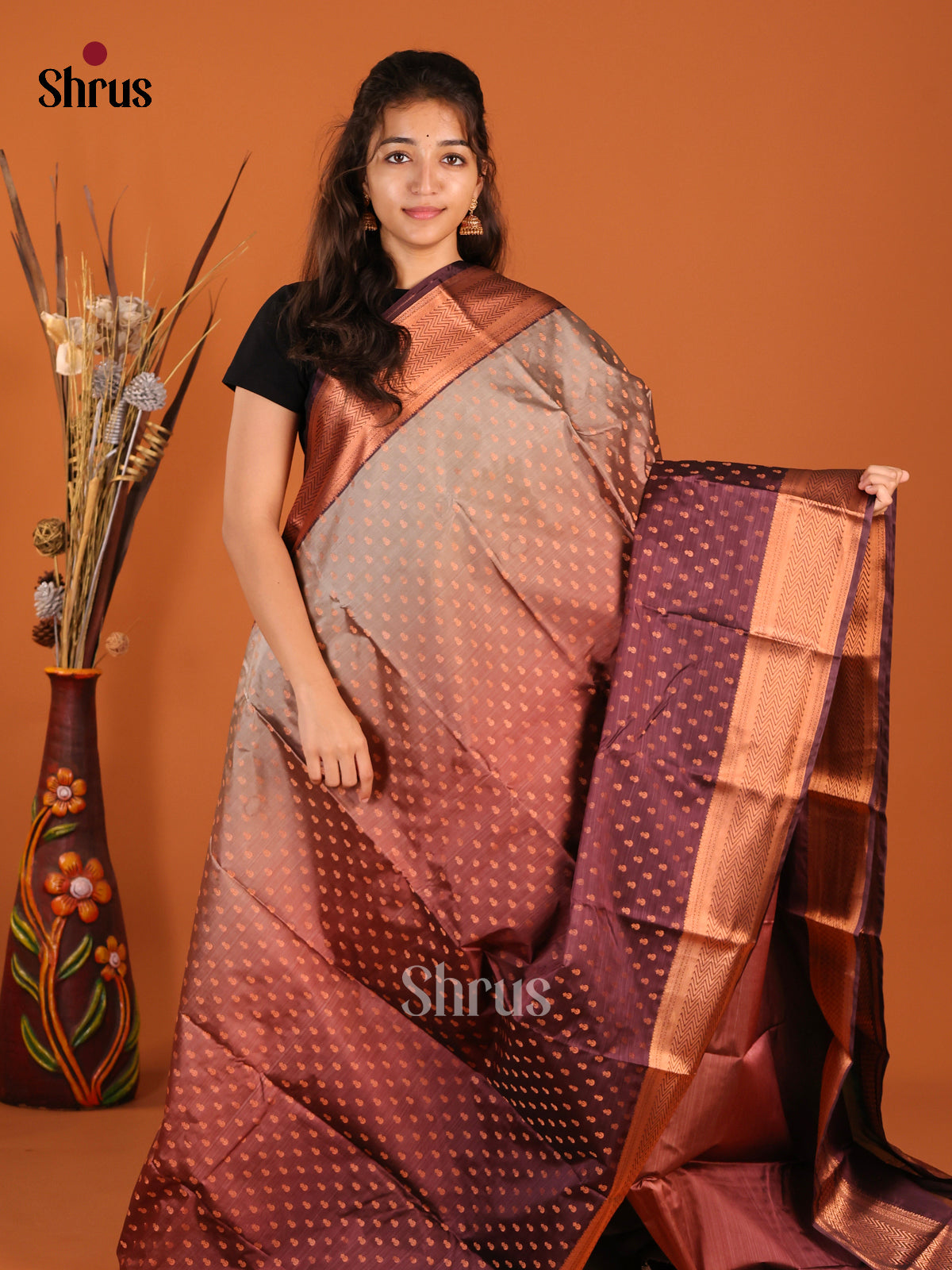 Grey & Maroon - Kanchipuram-halfpure Saree - Shop on Shrus.com