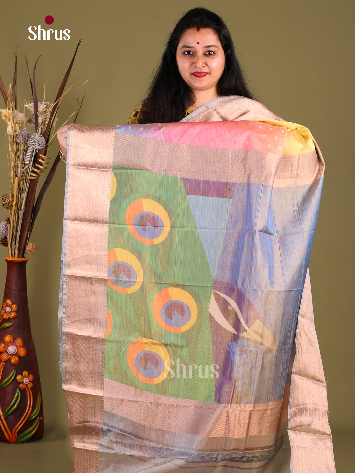 Yellow & Grey - Kanchipuram-halfpure Saree - Shop on Shrus.com