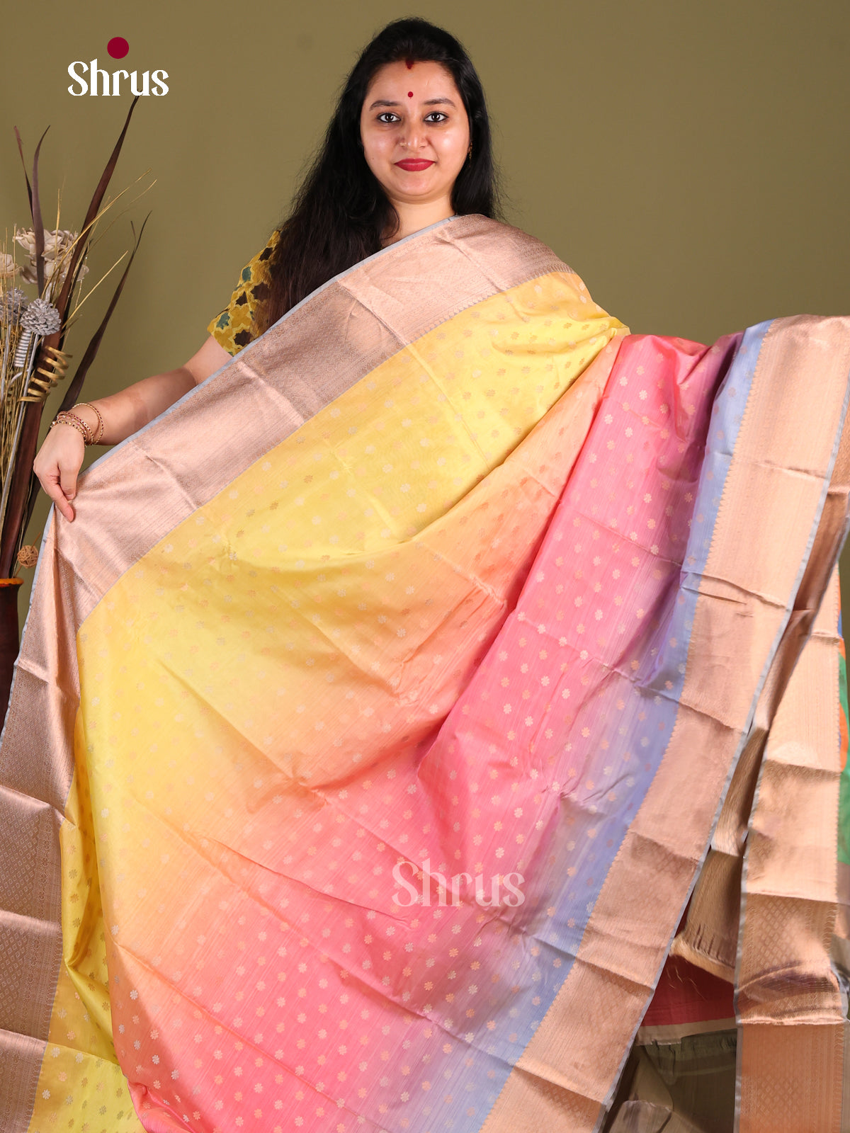Yellow & Grey - Kanchipuram-halfpure Saree - Shop on Shrus.com