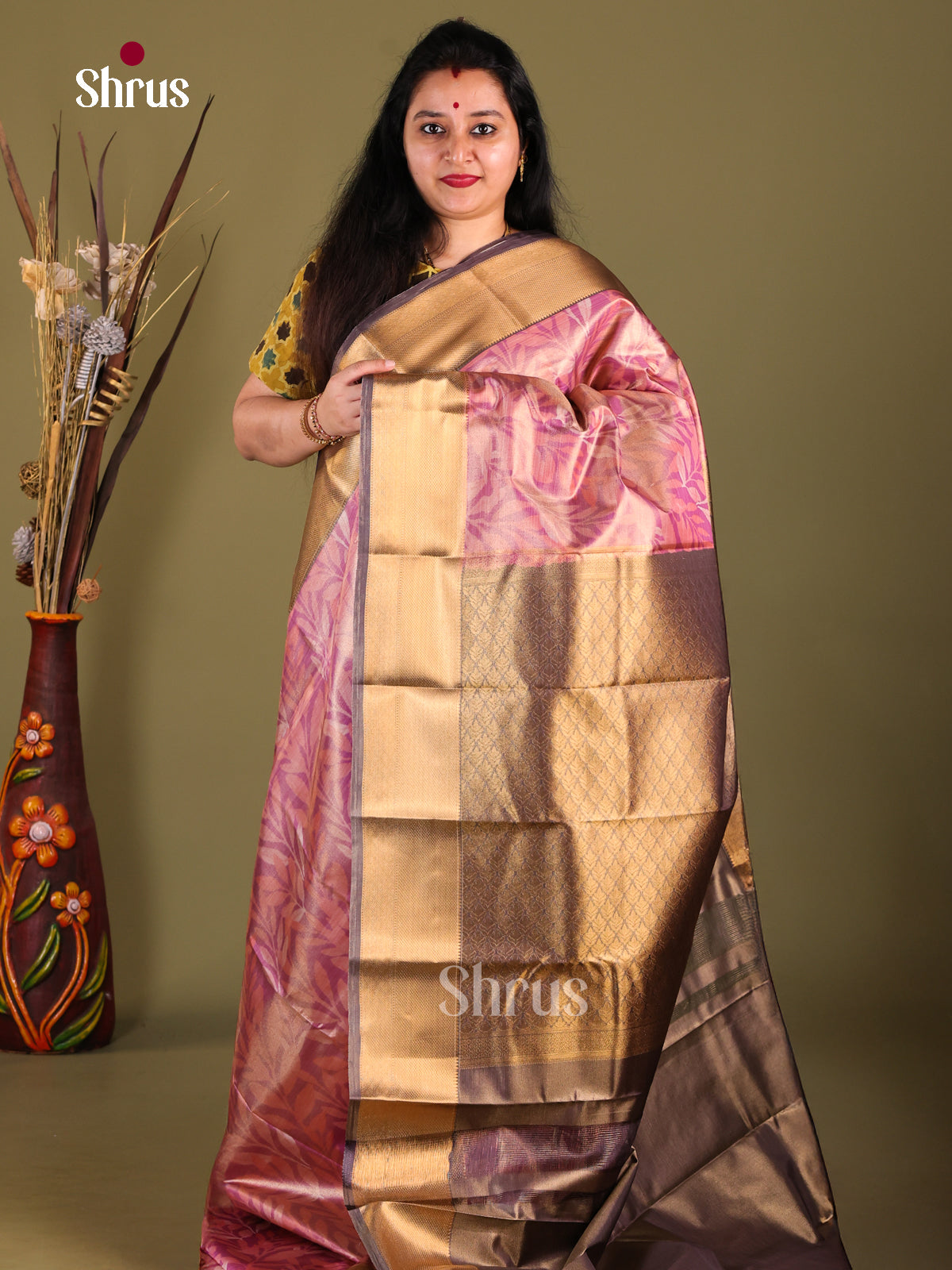 Onion Pink & Grey- Kanchipuram-halfpure Saree - Shop on Shrus.com