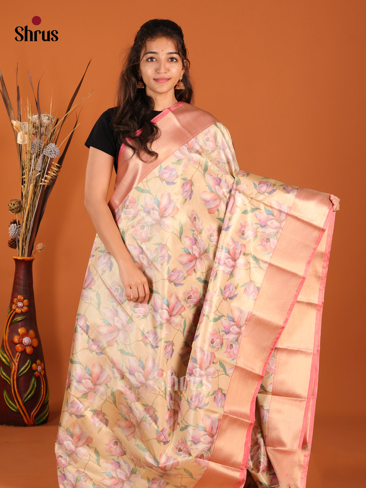 Pale Yellow & Orangish Pink- Kanchipuram-halfpure Saree - Shop on Shrus.com