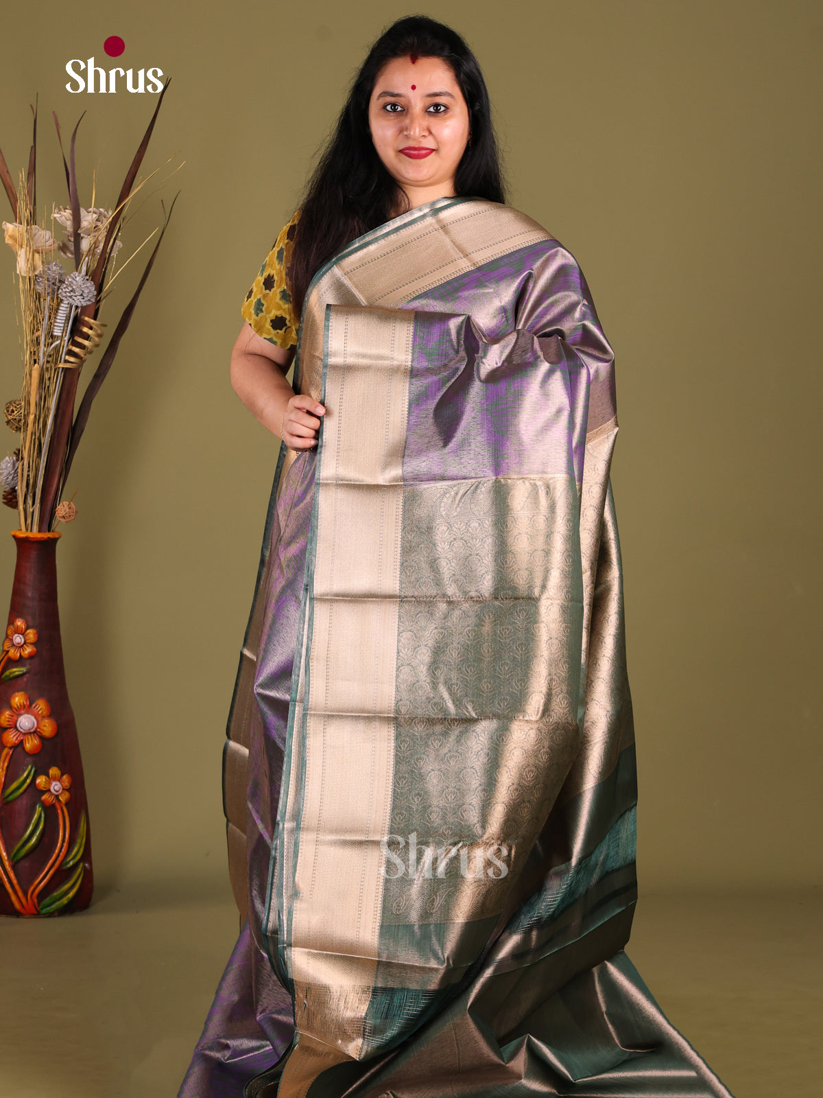Green & Purple- Kanchipuram-halfpure Saree - Shop on Shrus.com