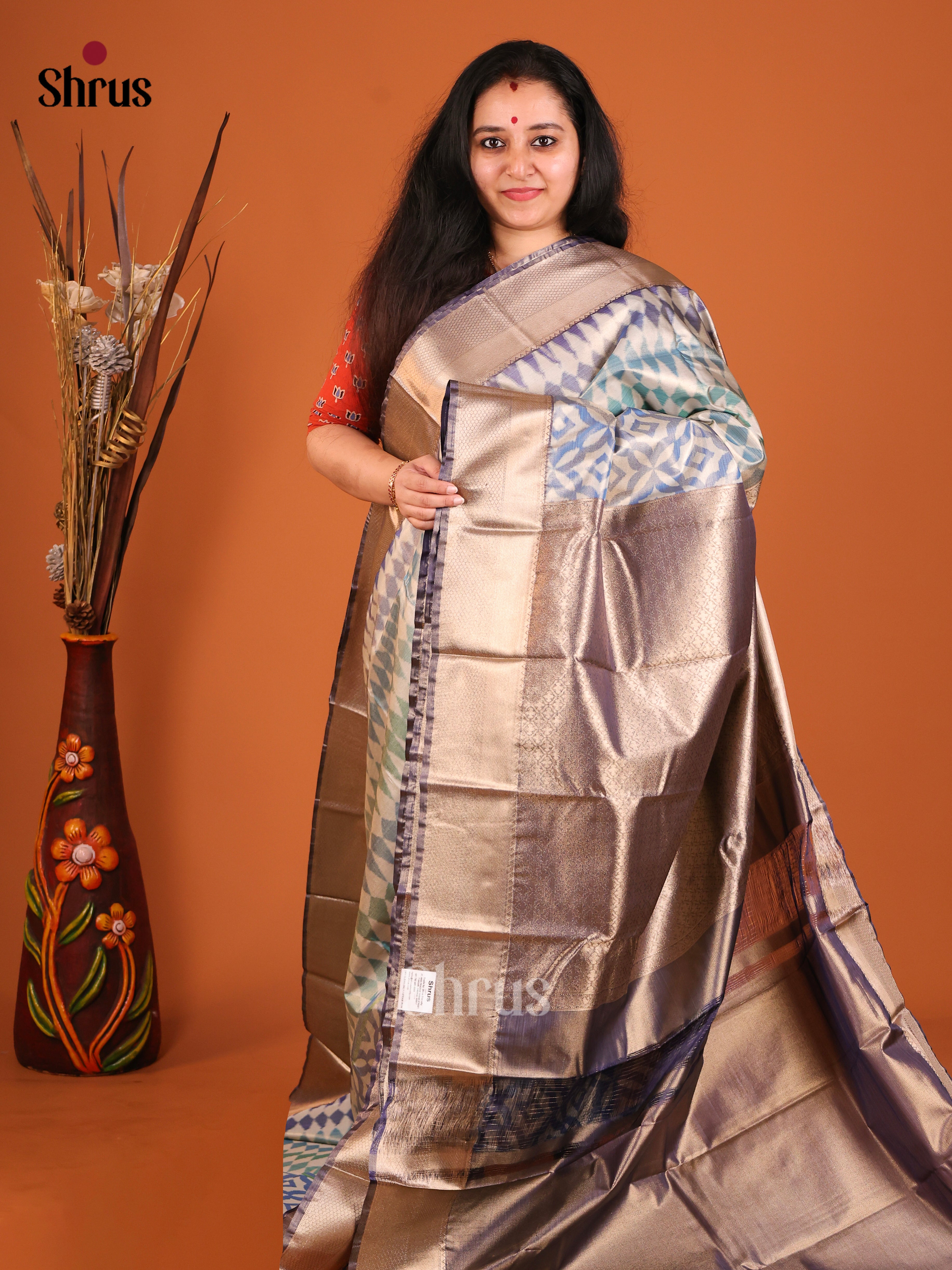 Blue lined Kanchipuram-halfpure Saree
