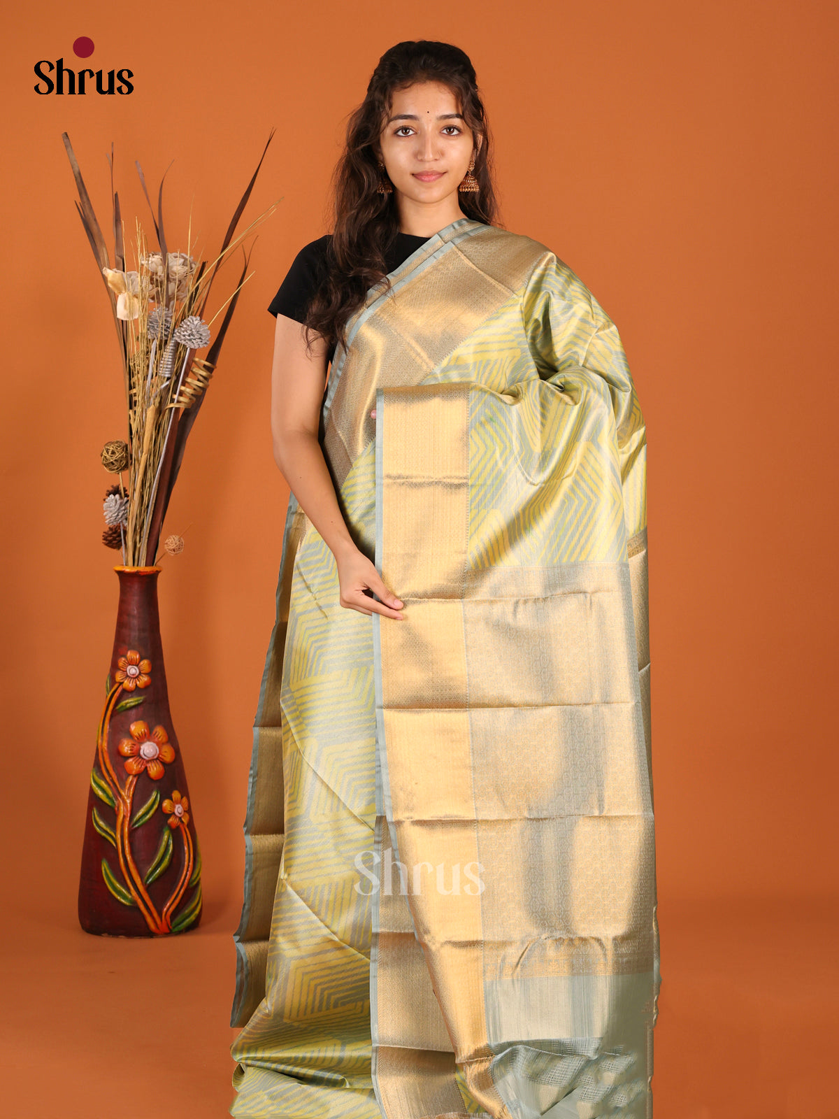 Pastel Green & Blue - Kanchipuram-halfpure Saree - Shop on Shrus.com