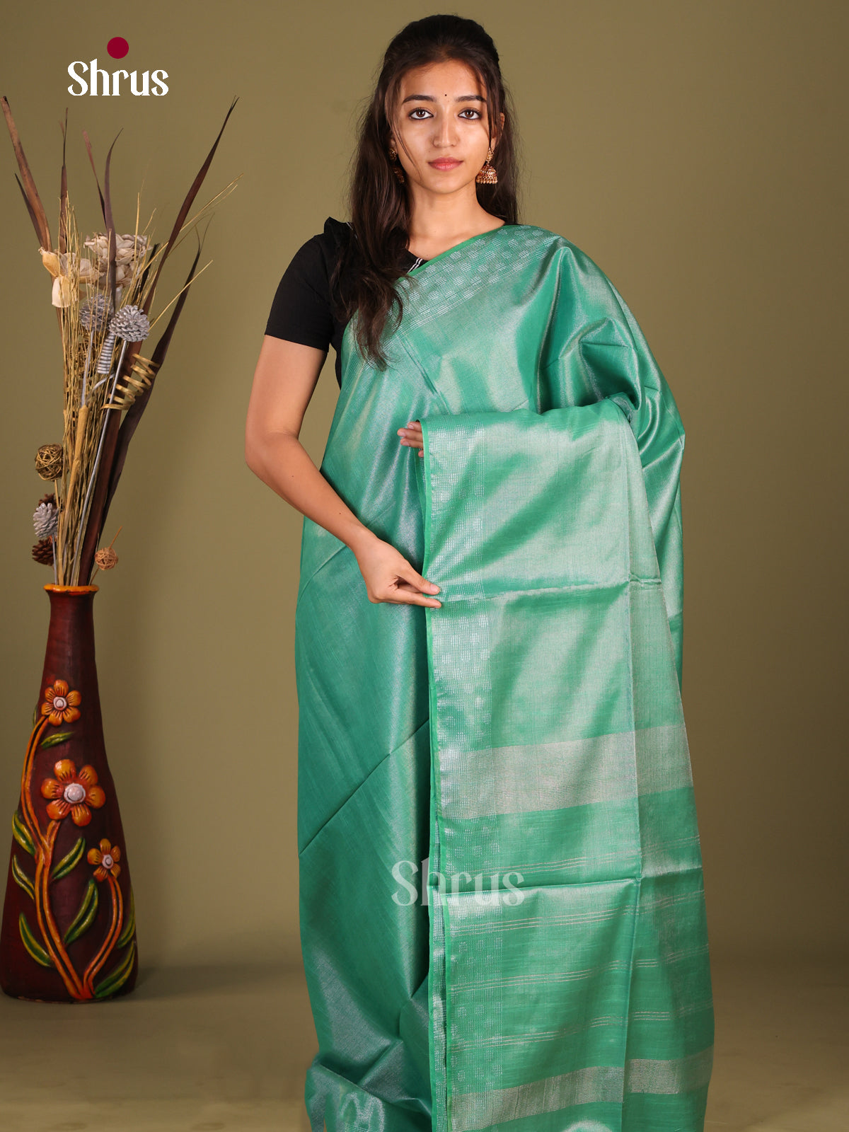 Green - Semi Tissue Saree - Shop on Shrus.com