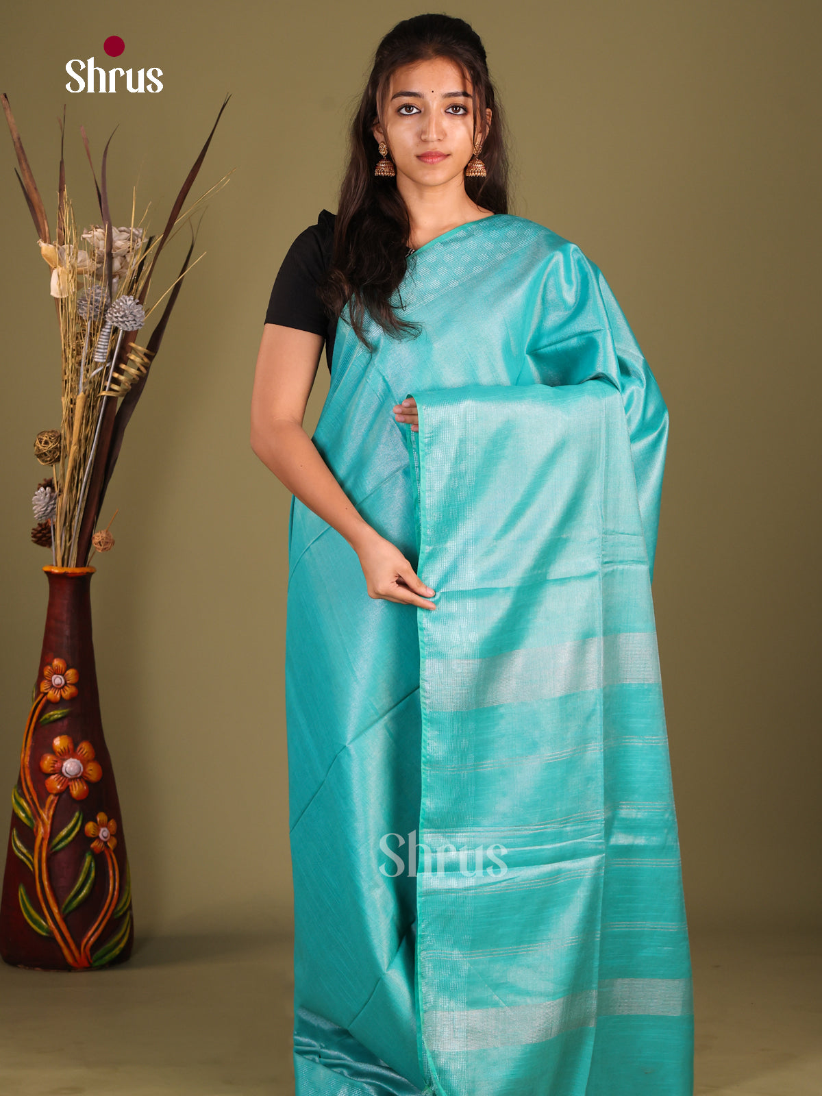 Sky Blue- Semi Tissue Saree - Shop on Shrus.com
