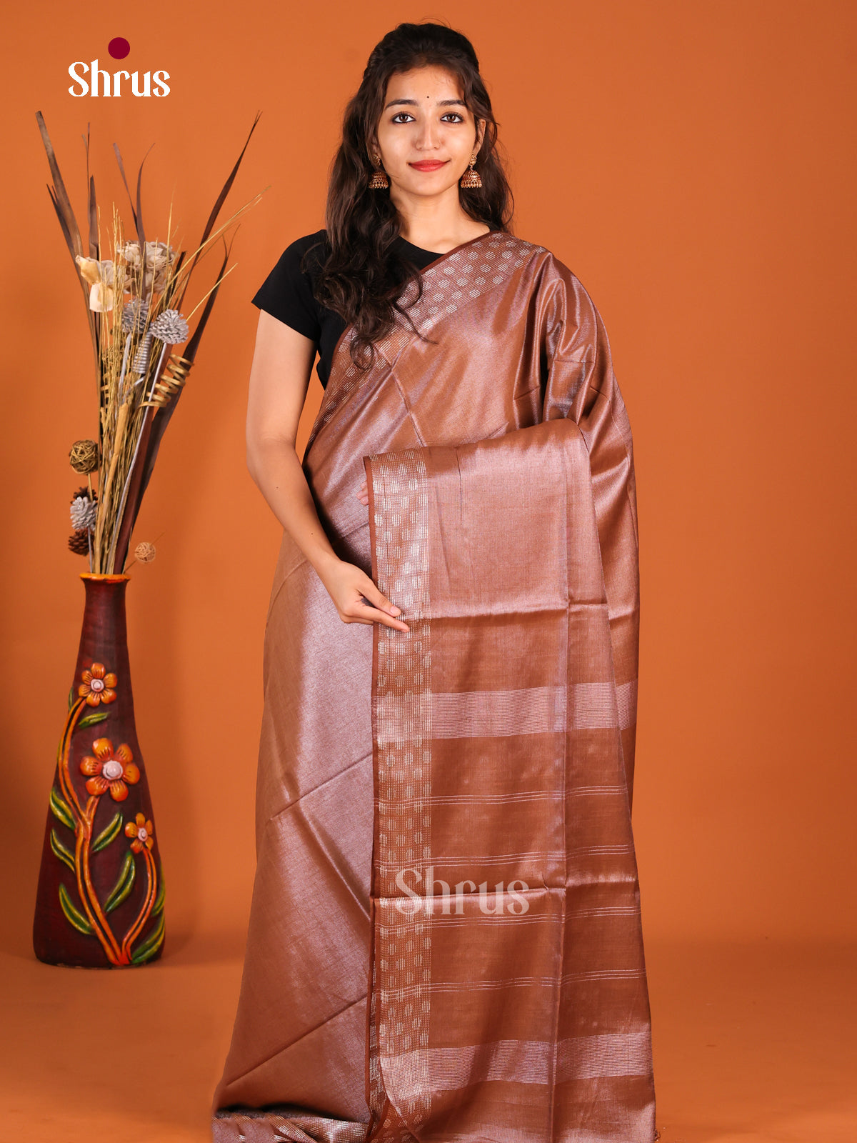 Brown - Semi Tissue Saree