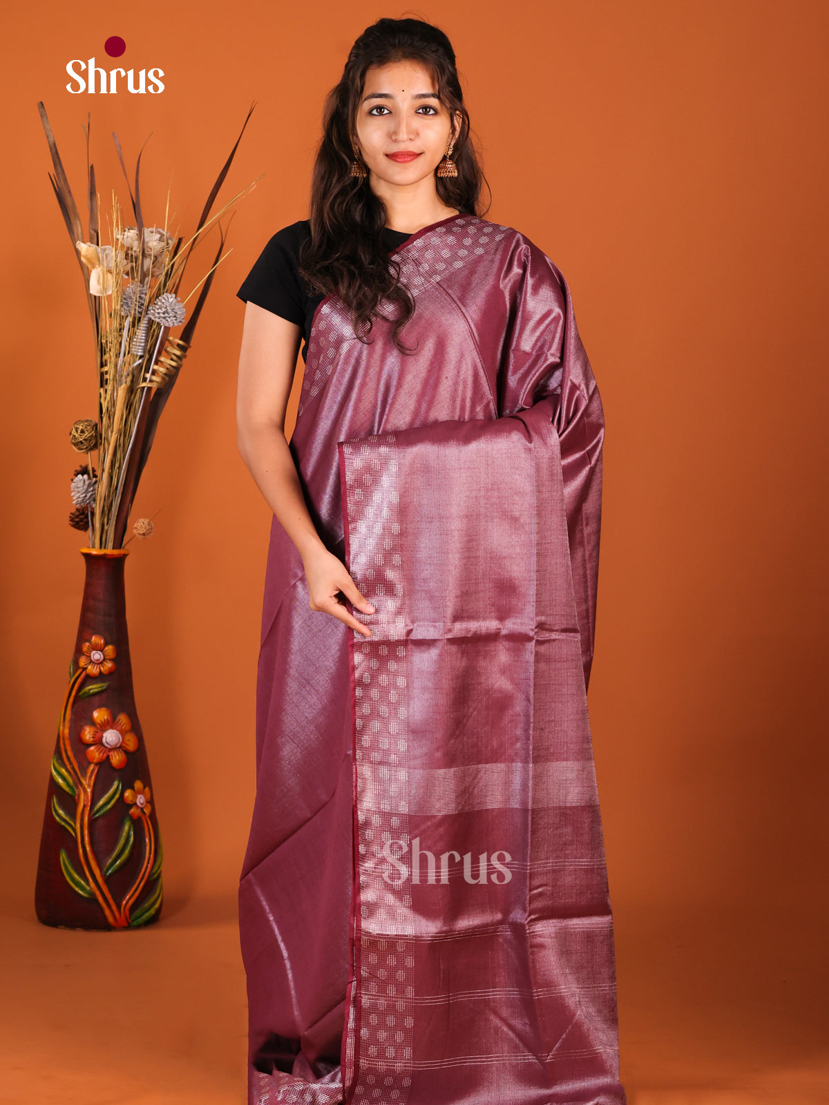 Maroon - Semi Tissue Saree
