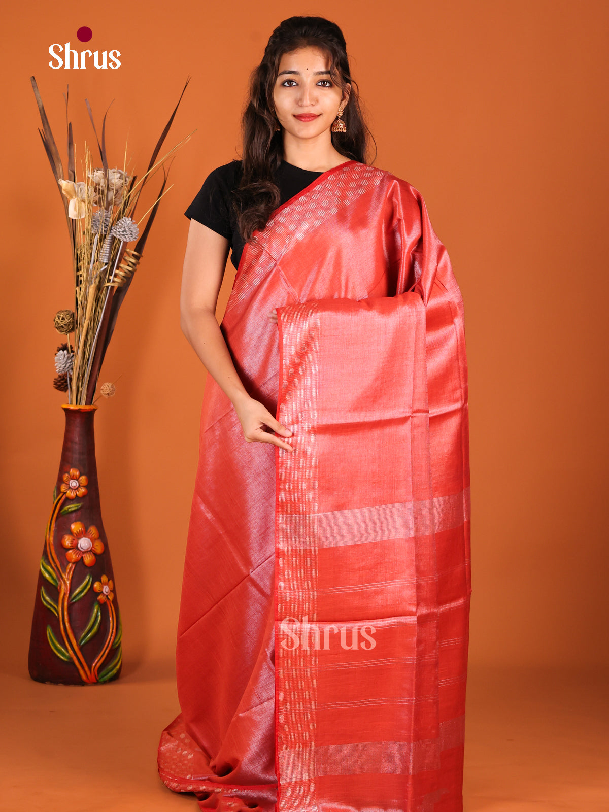 Red- Semi Tissue Saree - Shop on Shrus.com