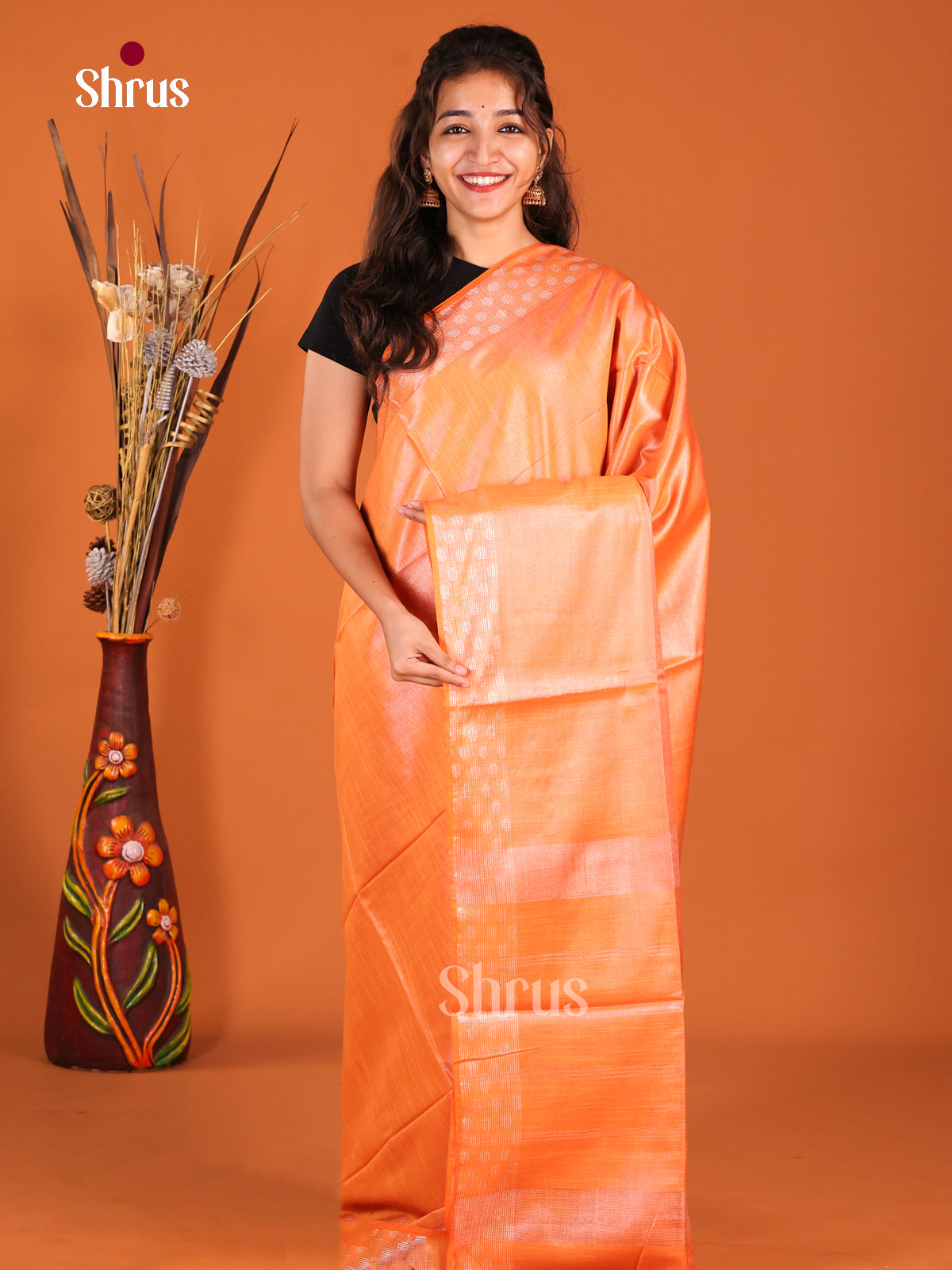 Orange - Semi Tissue Saree