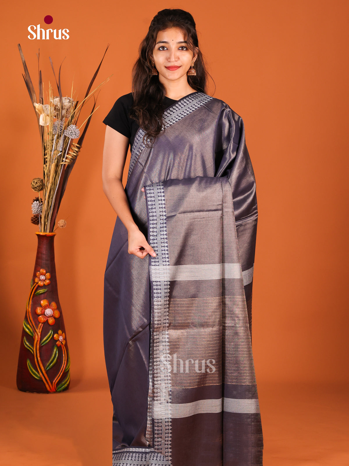Navy Blue - Semi Tissue Saree