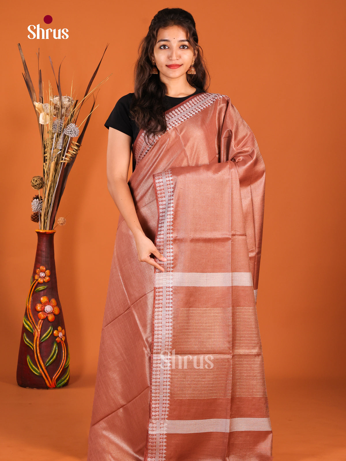 Brown - Semi Tissue Saree