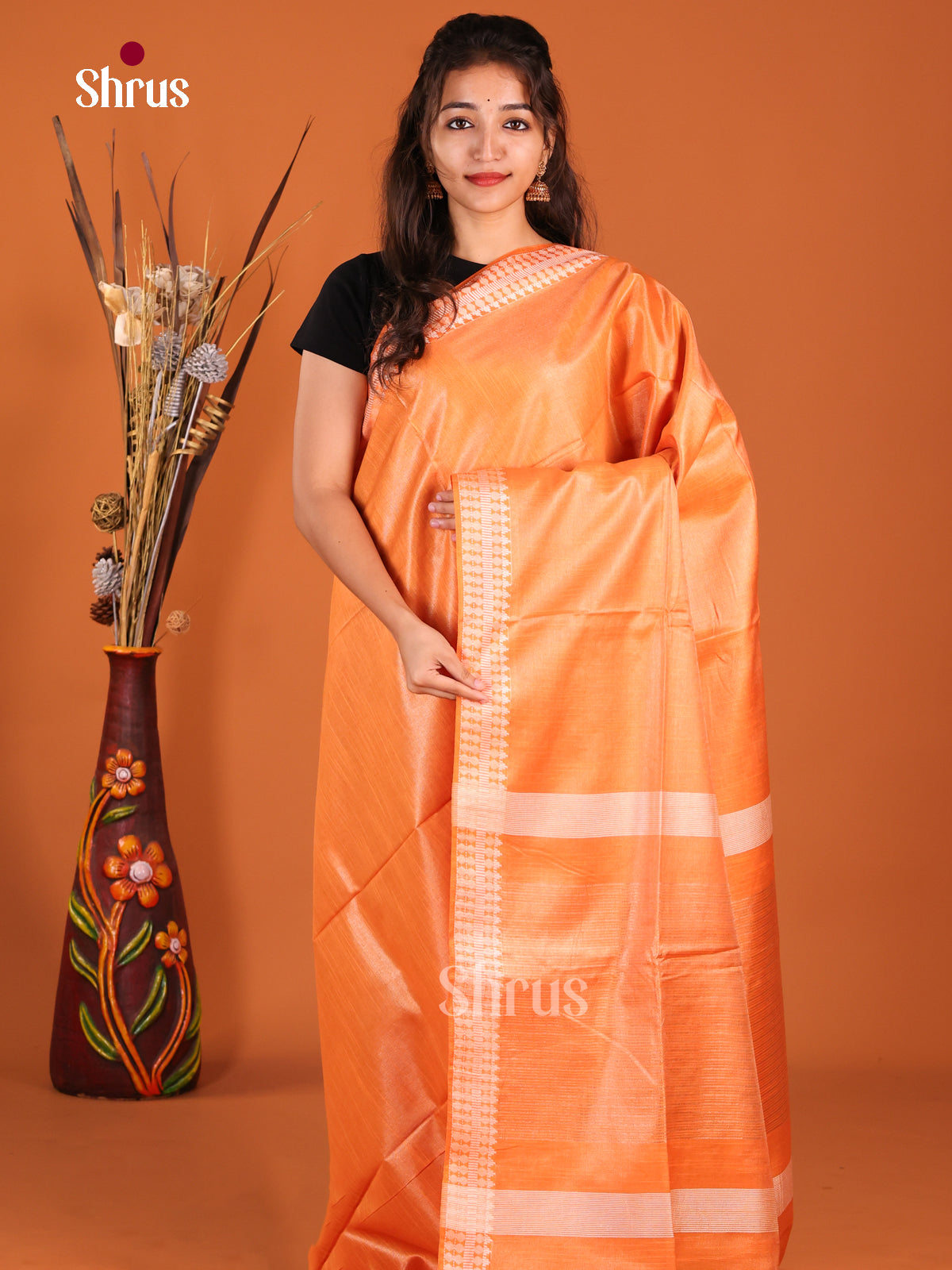 Orange - Semi Tissue Saree