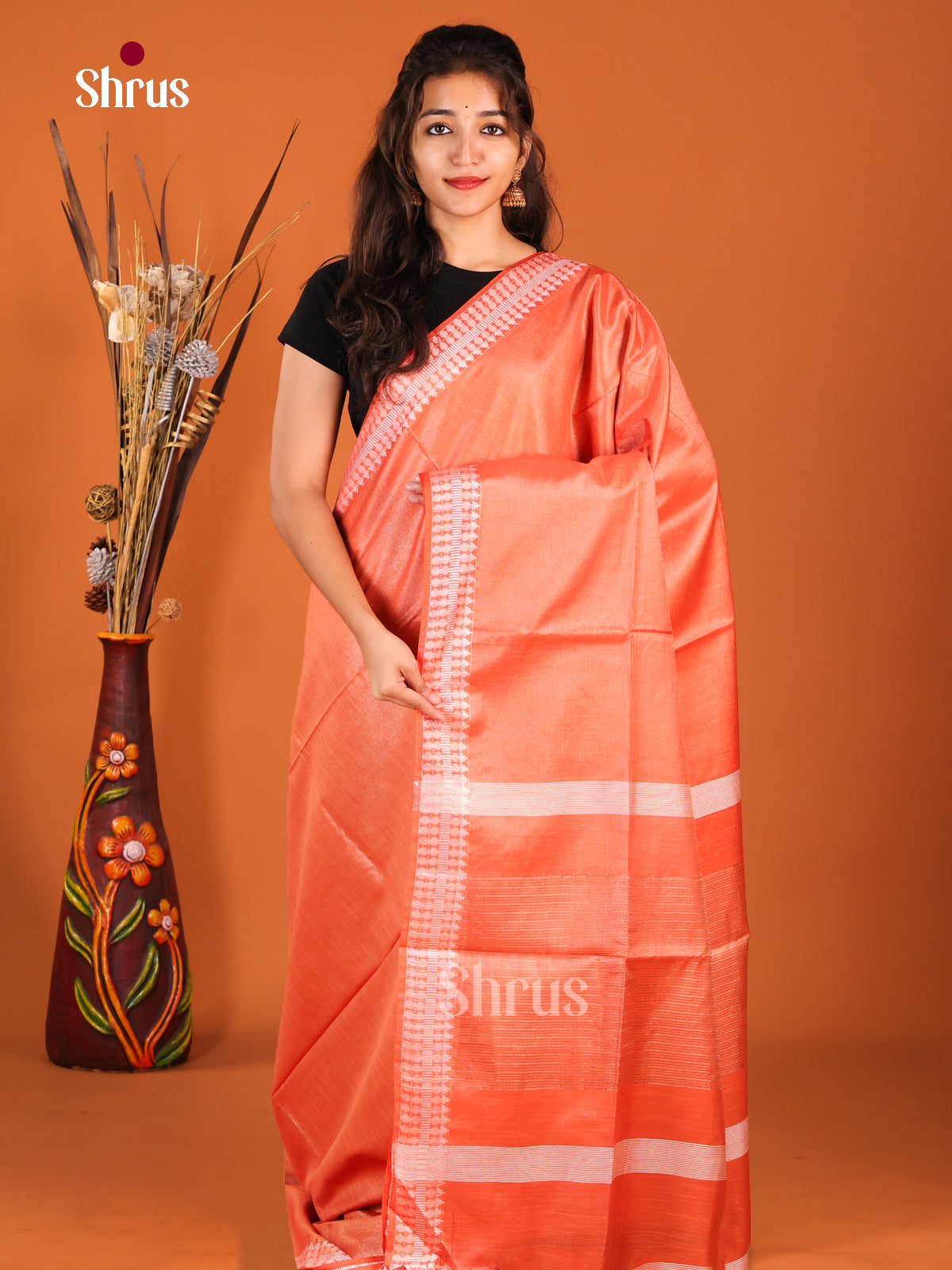 Orange - Semi Tissue Saree