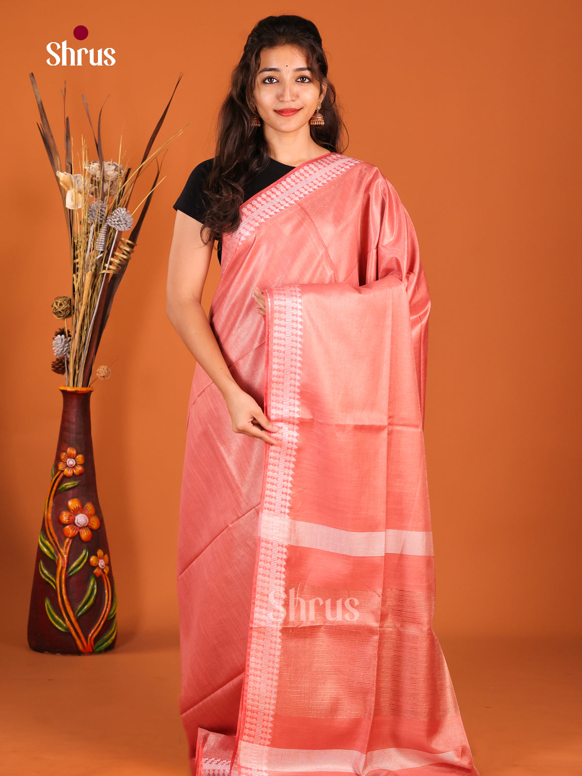 Peachish Pink - Semi Tissue Saree - Shop on Shrus.com