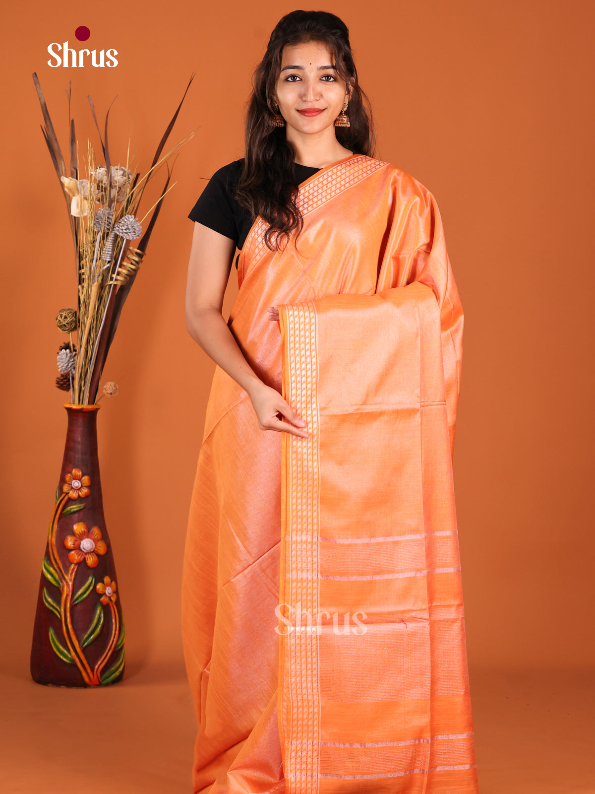 Orange - Semi Tissue Saree