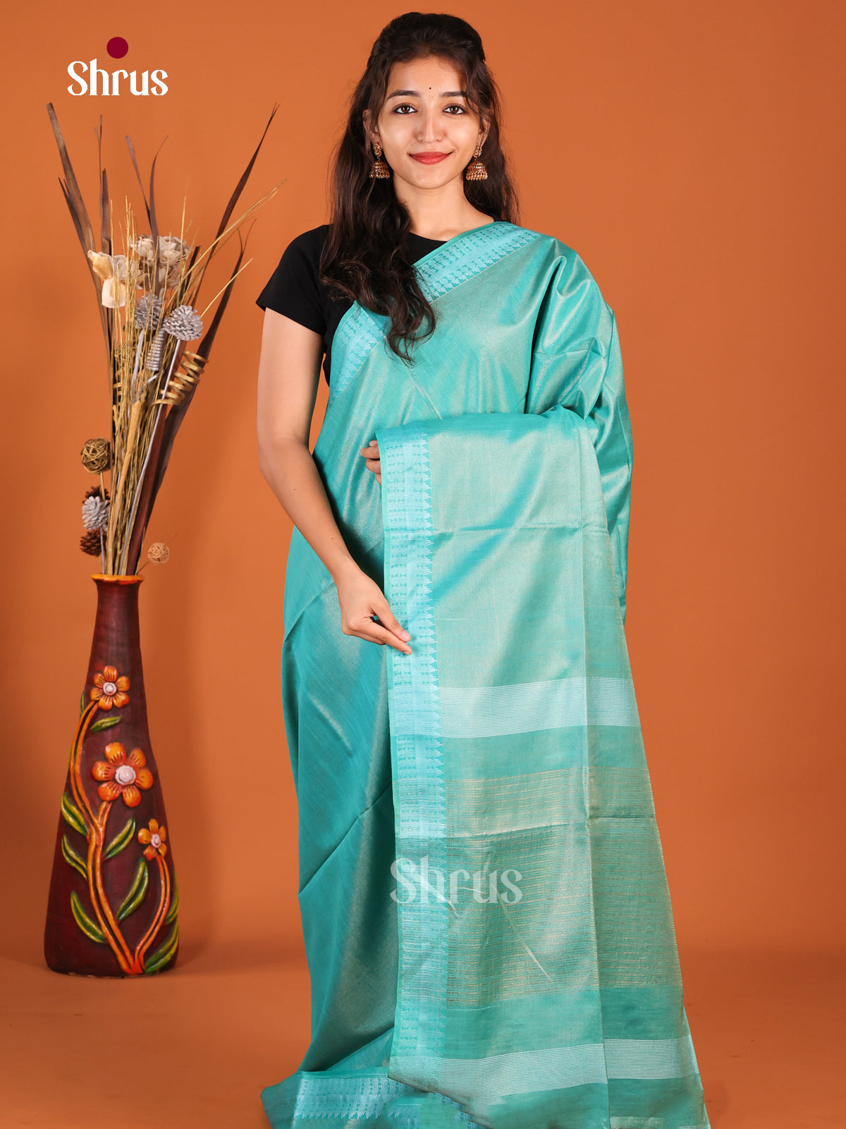 Teal Blue- Semi Tissue Saree - Shop on Shrus.com