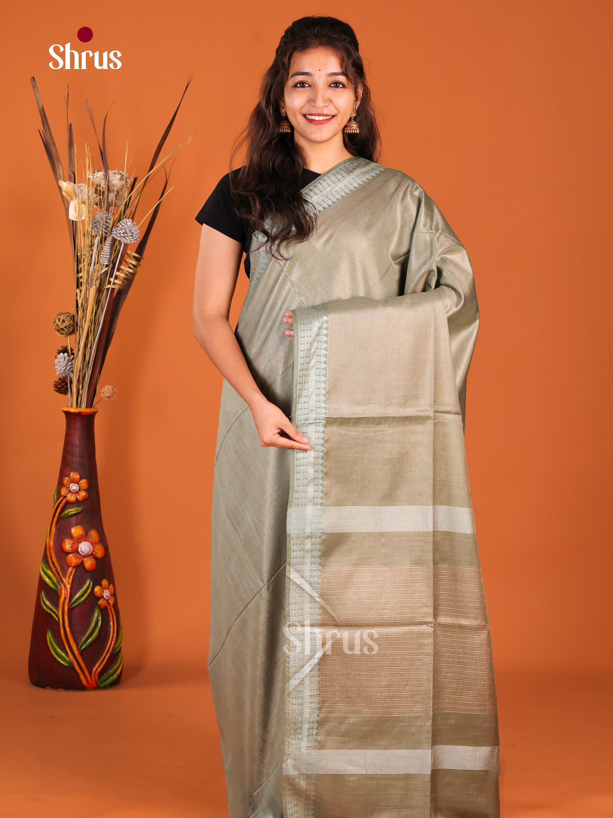 Grey Green - Semi Tissue Saree - Shop on Shrus.com