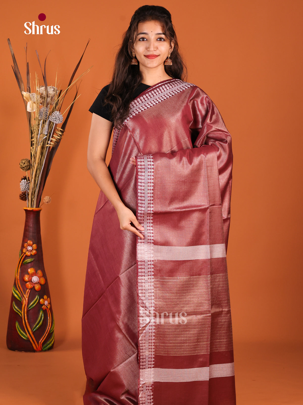 Maroon - Semi Tissue Saree
