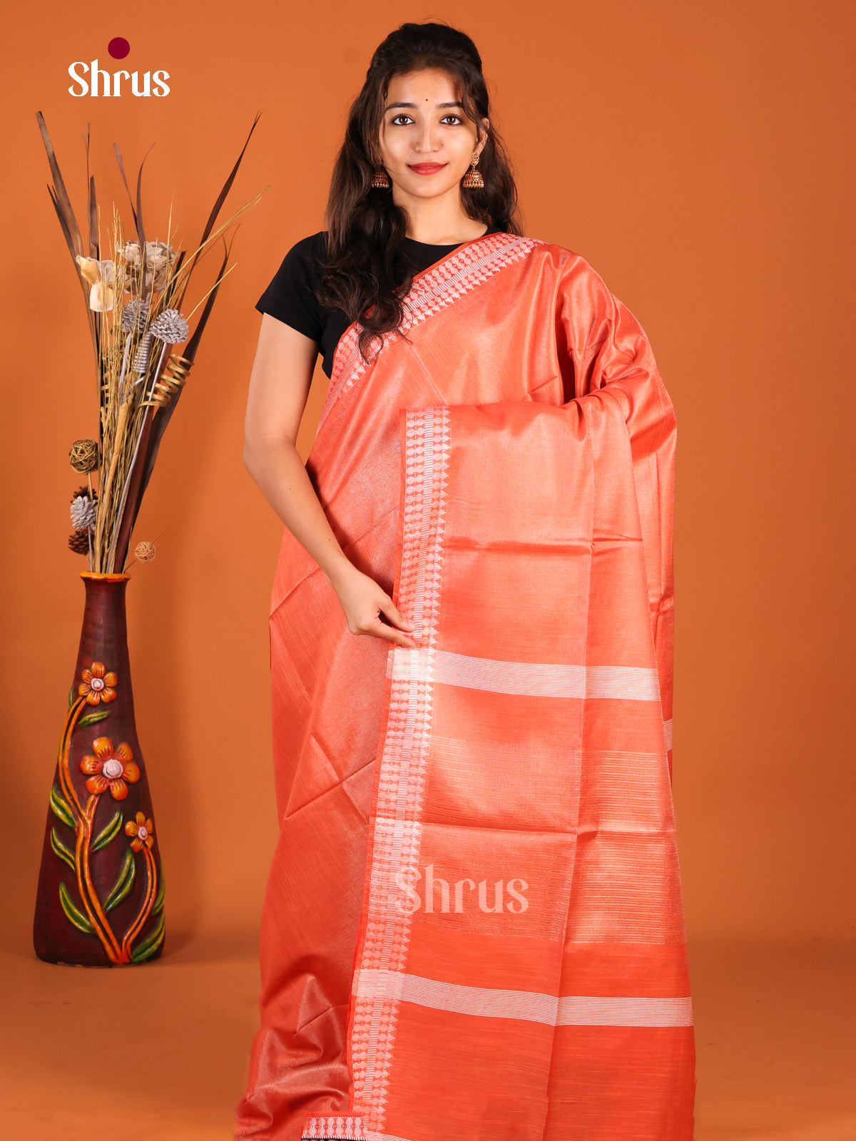 Orange - Semi Tissue Saree - Shop on Shrus.com