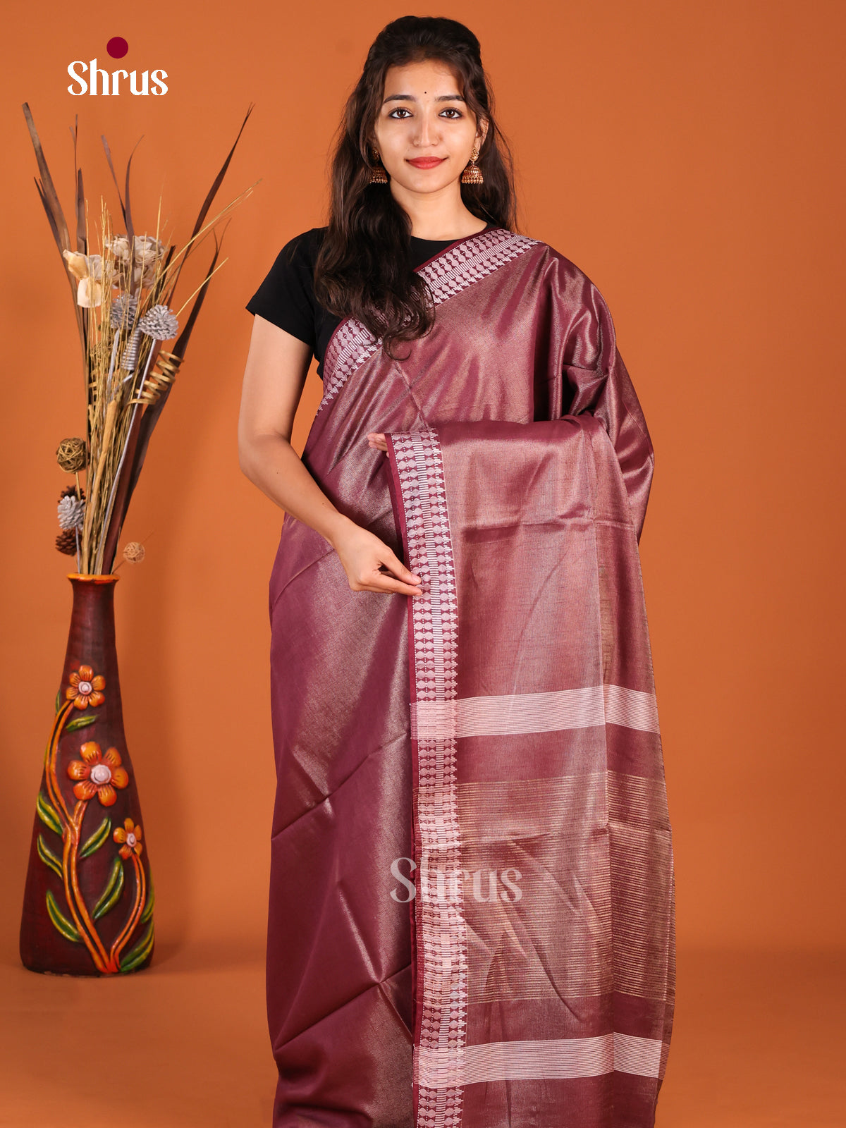 Maroon - Semi Tissue Saree