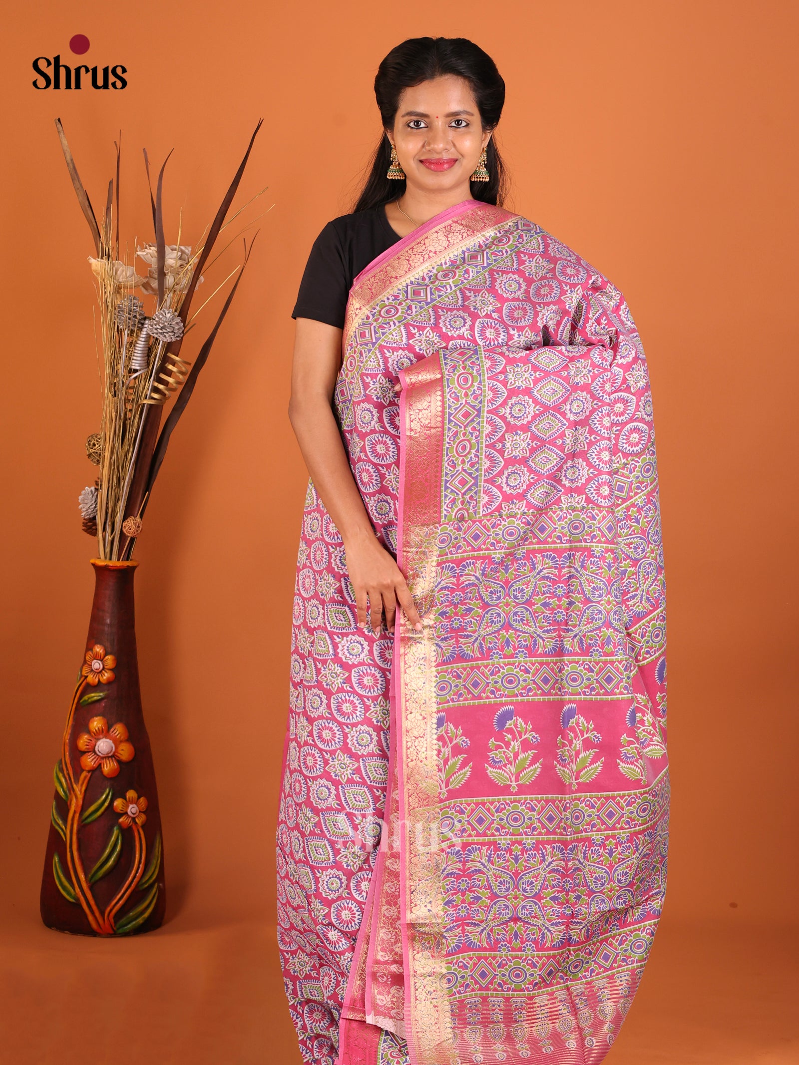 Pink - Moonga Silk Saree