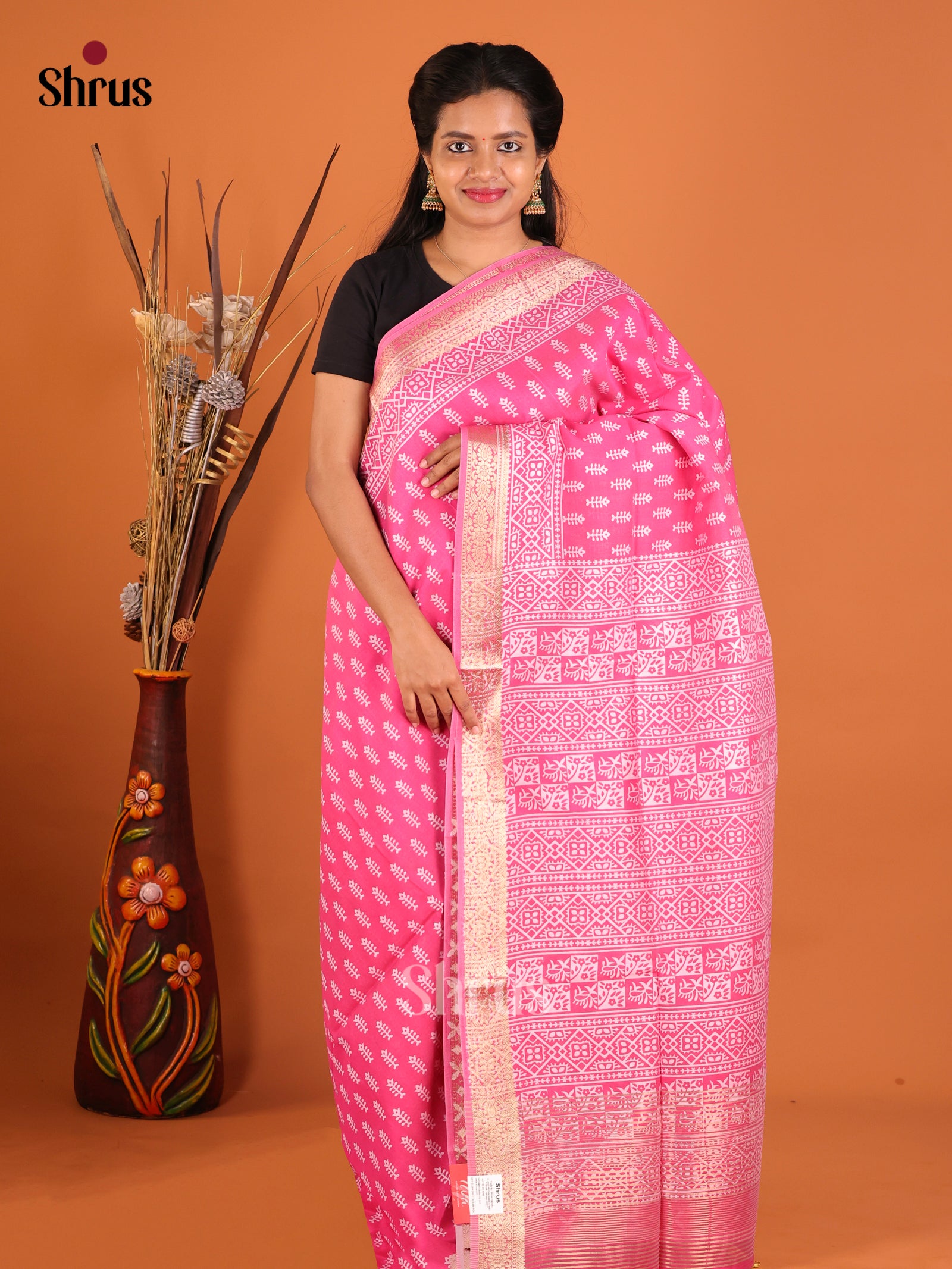 Pink - Moonga Silk Saree