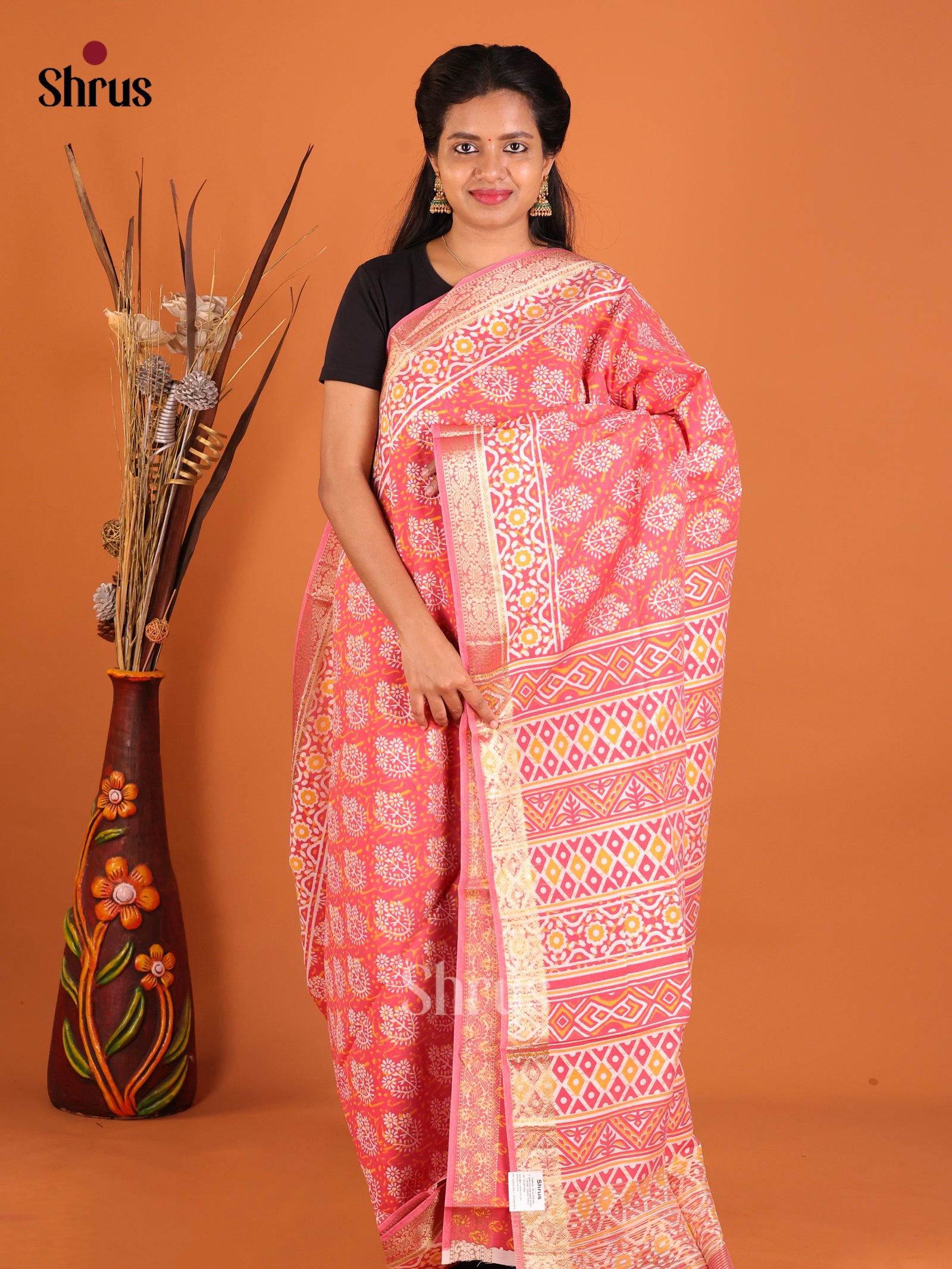 Peachish Pink- Moonga Silk Saree