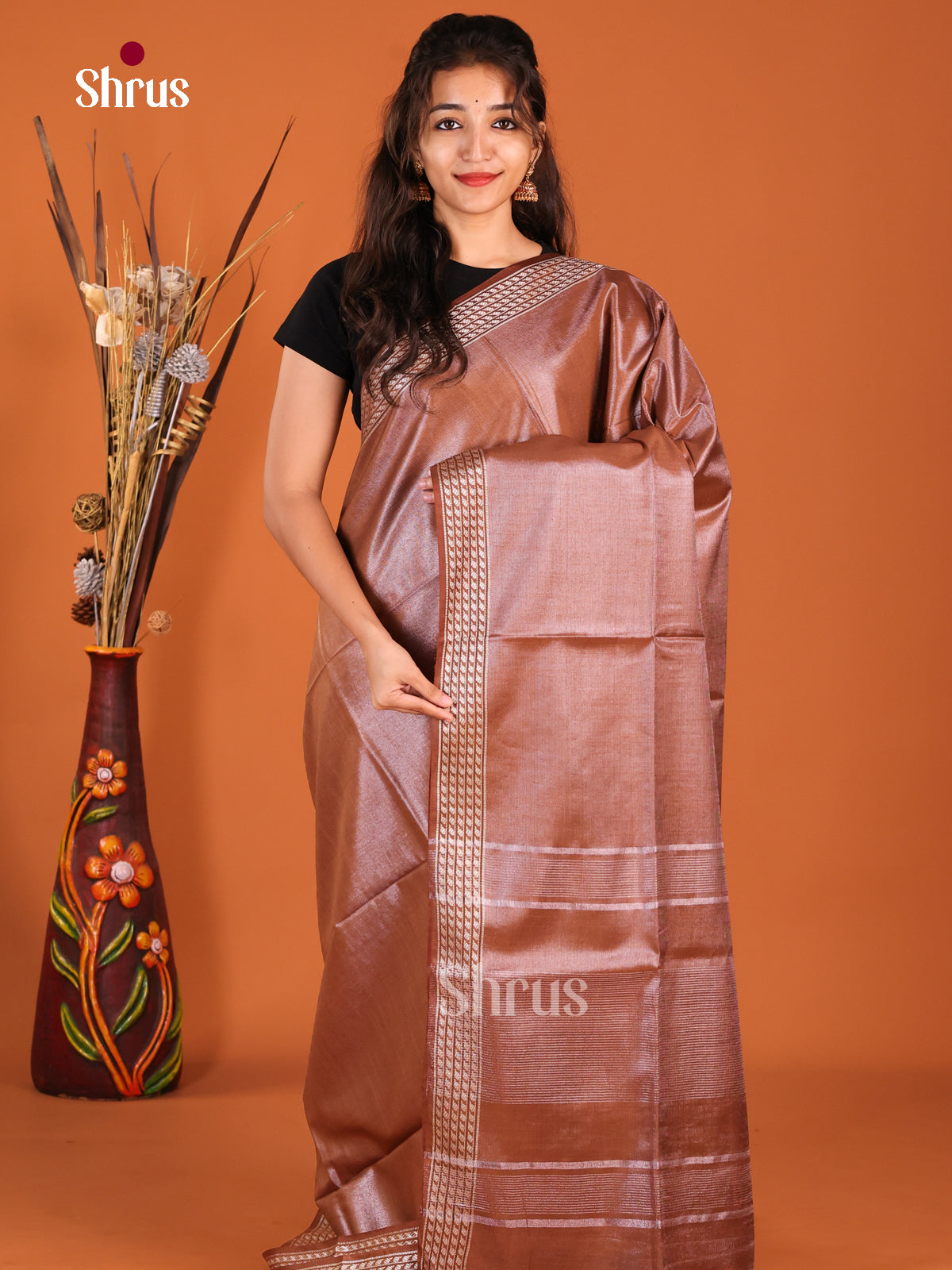Brown - Semi Tissue Saree