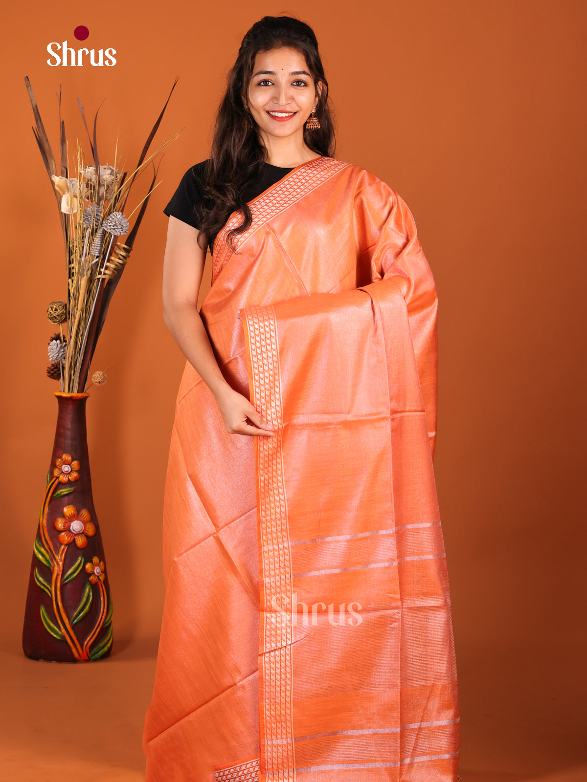 Orange - Semi Tissue Saree