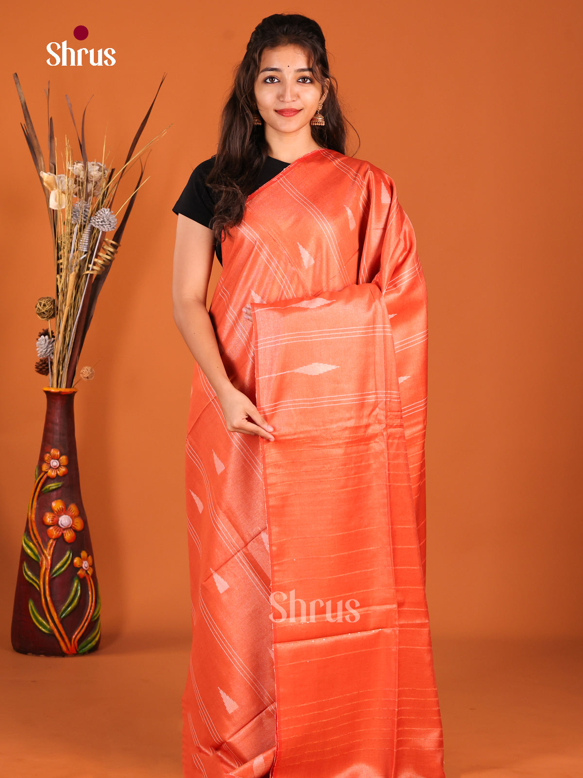 Orange - Semi Tissue Saree