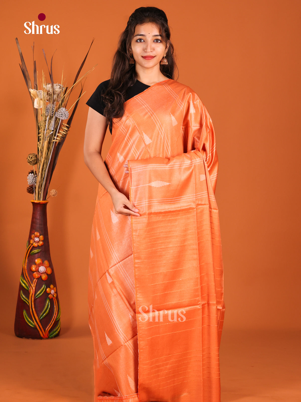 Orange - Semi Tissue Saree