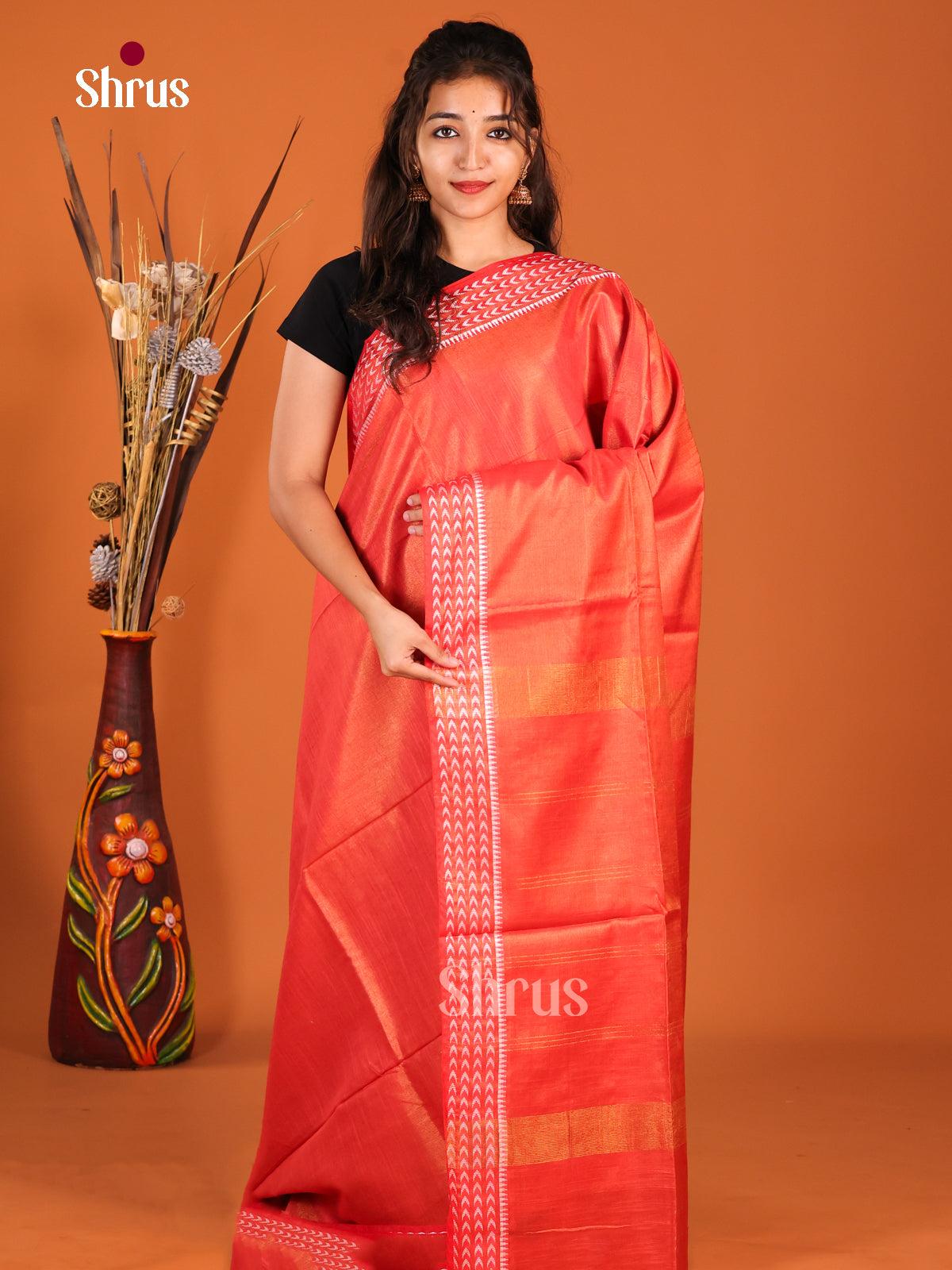 Orange - Semi Tissue Saree