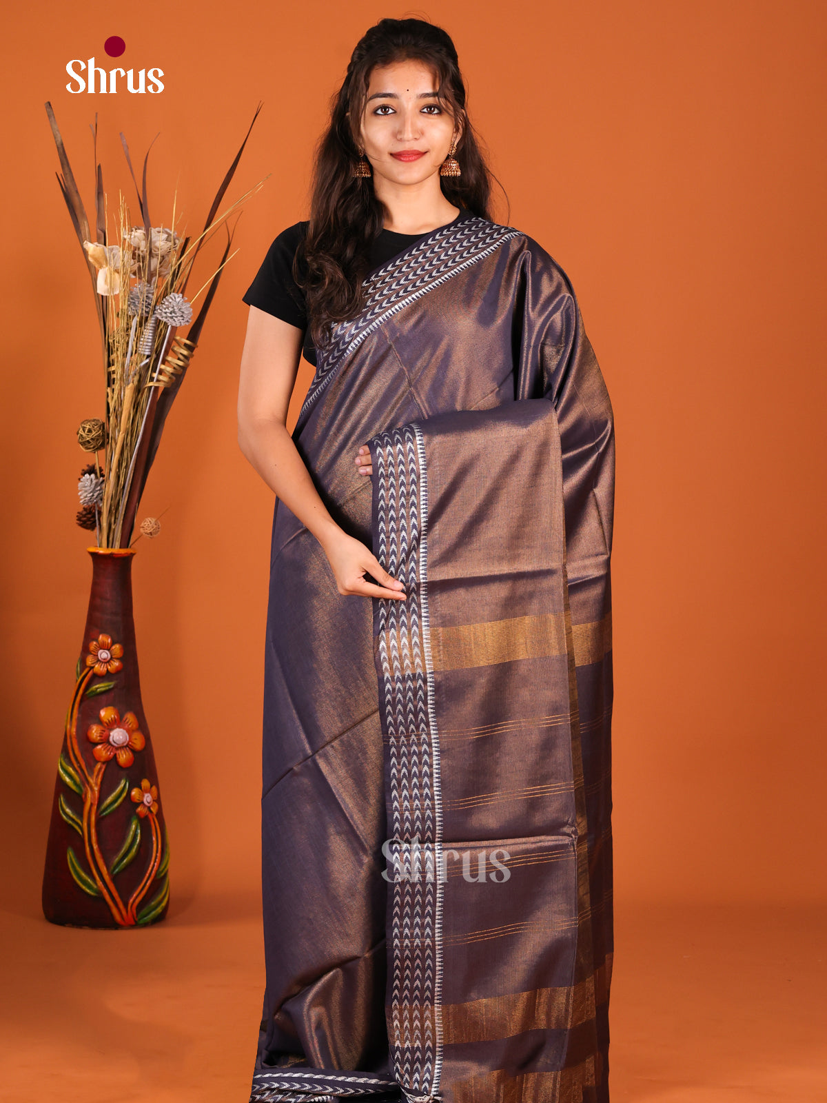 Navy Blue - Semi Tissue Saree