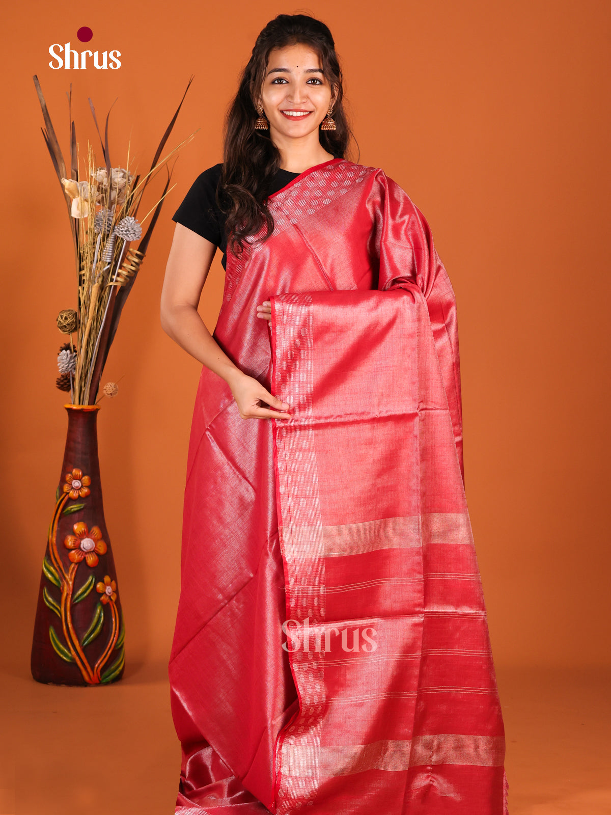 Red - Semi Tissue Saree